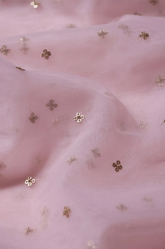 AIzaSyBcstauz-XMPRhEY21AUzeo032pxrXB5Ug - Gold Sequins Small Motif Embroidery Work On Baby Pink Soft Net Fabric