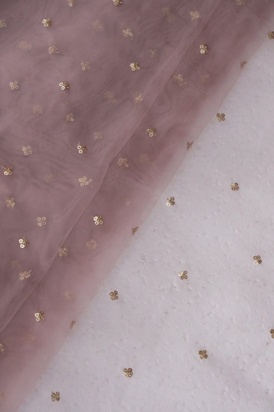 AIzaSyBcstauz-XMPRhEY21AUzeo032pxrXB5Ug - Gold Sequins Small Motif Embroidery Work On Mauve Soft Net Fabric