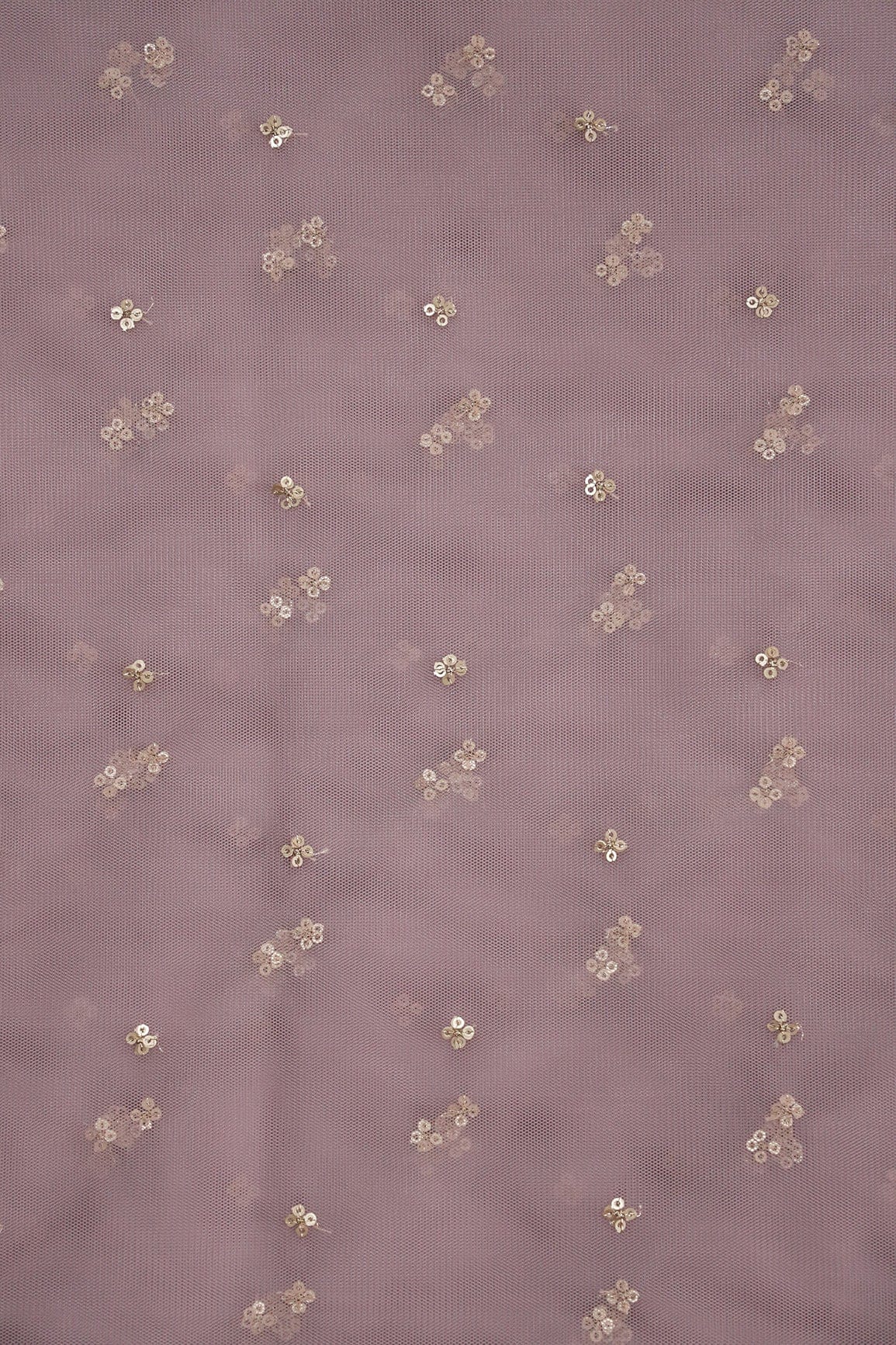 AIzaSyBcstauz-XMPRhEY21AUzeo032pxrXB5Ug - Gold Sequins Small Motif Embroidery Work On Mauve Soft Net Fabric