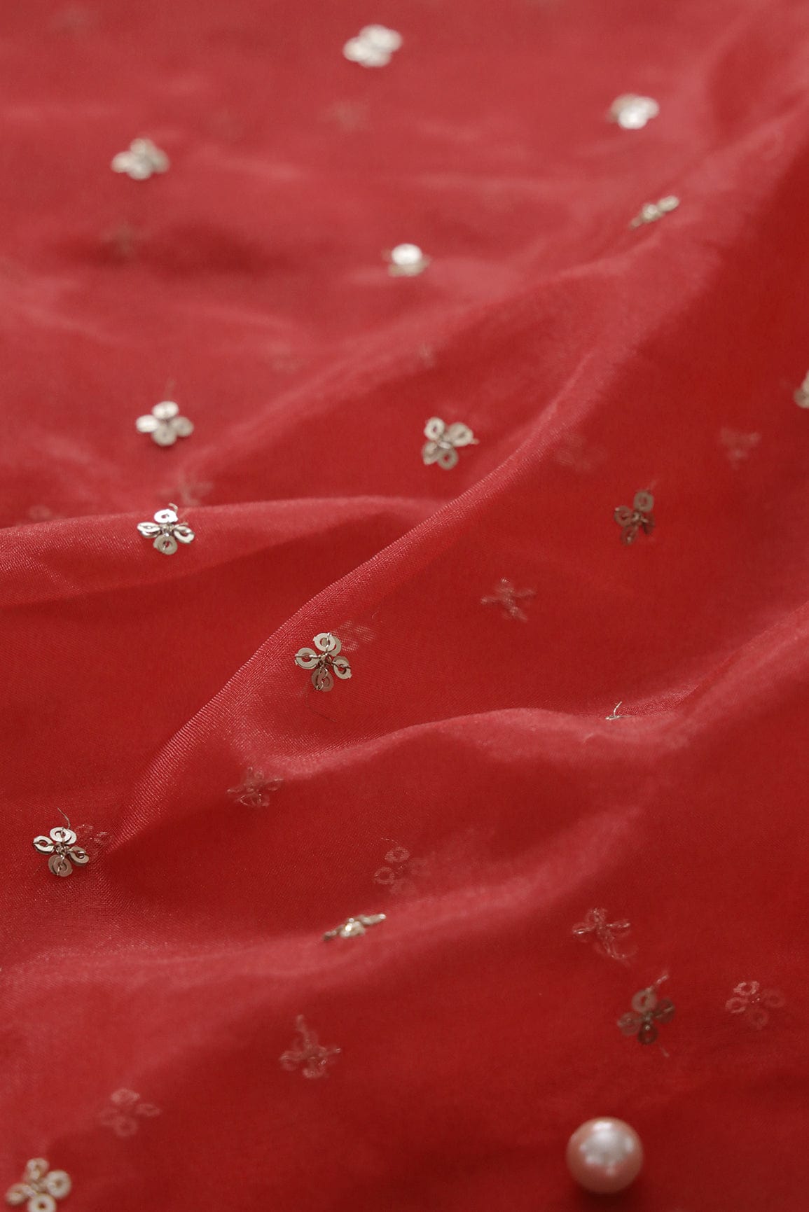 AIzaSyBcstauz-XMPRhEY21AUzeo032pxrXB5Ug - Gold Sequins Small Motif Embroidery Work On Red Organza Fabric