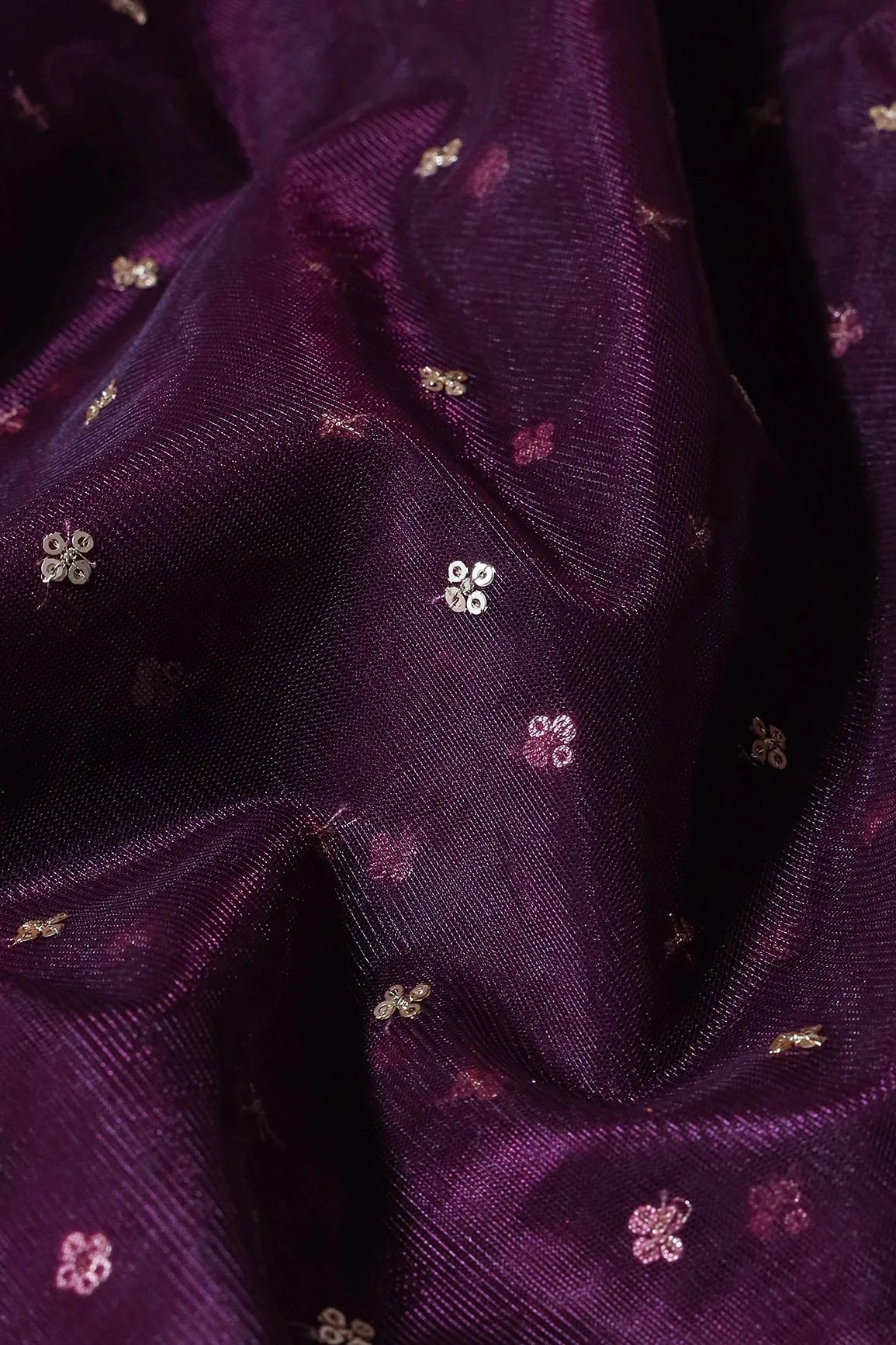 AIzaSyBcstauz-XMPRhEY21AUzeo032pxrXB5Ug - Gold Sequins Small Motif Embroidery Work On Wine Soft Net Fabric