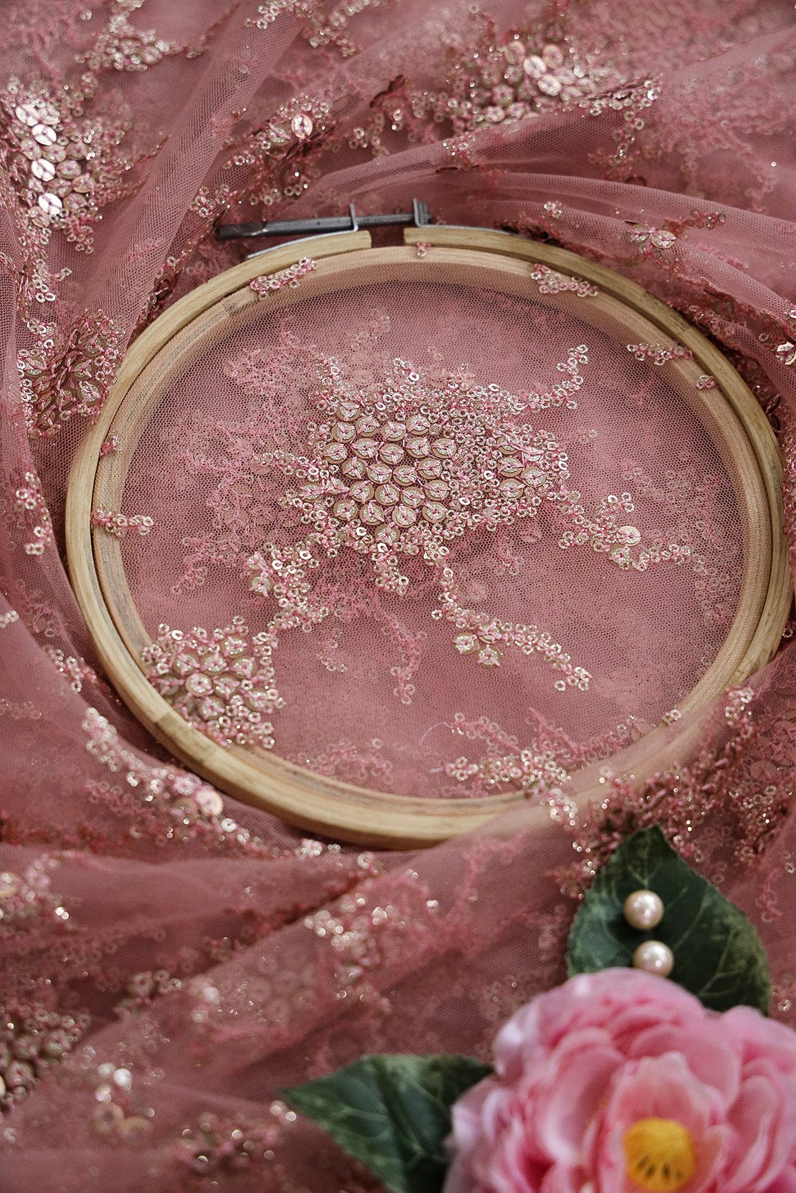 AIzaSyBcstauz-XMPRhEY21AUzeo032pxrXB5Ug - Gold Sequins with Baby Pink Thread Work Embroidery On Baby Pink Soft Net Fabric