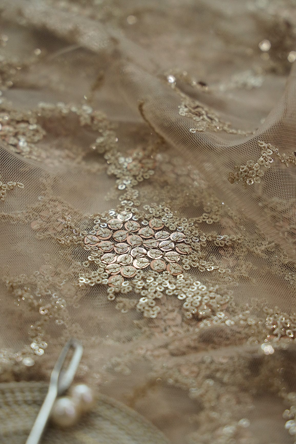 AIzaSyBcstauz-XMPRhEY21AUzeo032pxrXB5Ug - Gold Sequins with Beige Thread Work Embroidery On Beige Soft Net Fabric