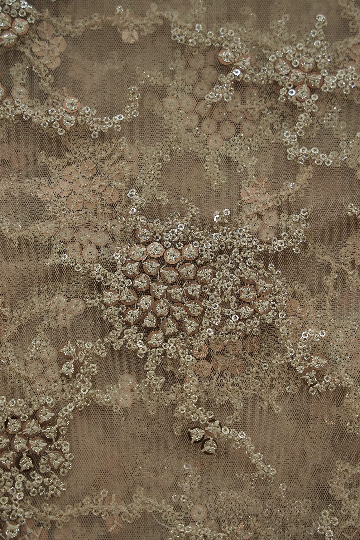 AIzaSyBcstauz-XMPRhEY21AUzeo032pxrXB5Ug - Gold Sequins with Beige Thread Work Embroidery On Beige Soft Net Fabric