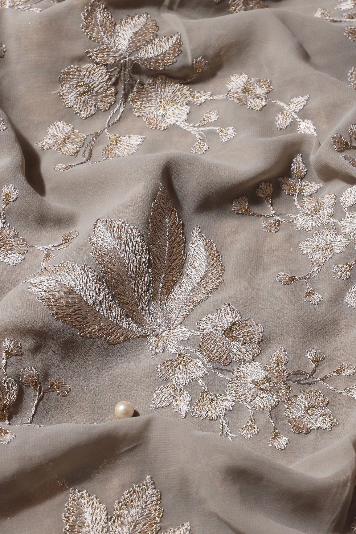 AIzaSyBcstauz-XMPRhEY21AUzeo032pxrXB5Ug - Gold Sequins With Cream Thread Floral Embroidery Work On Grey Georgette Fabric