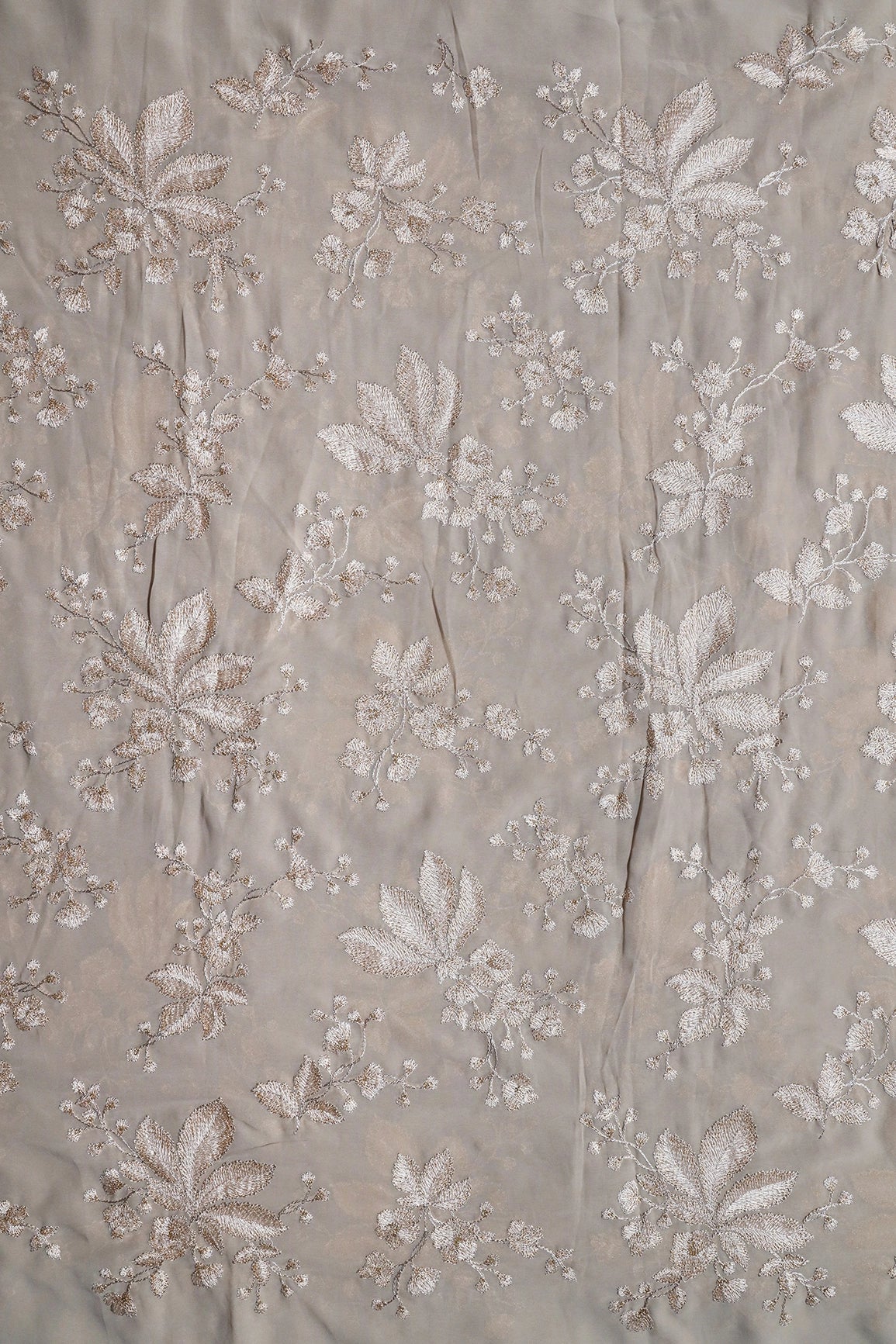 AIzaSyBcstauz-XMPRhEY21AUzeo032pxrXB5Ug - Gold Sequins With Cream Thread Floral Embroidery Work On Grey Georgette Fabric