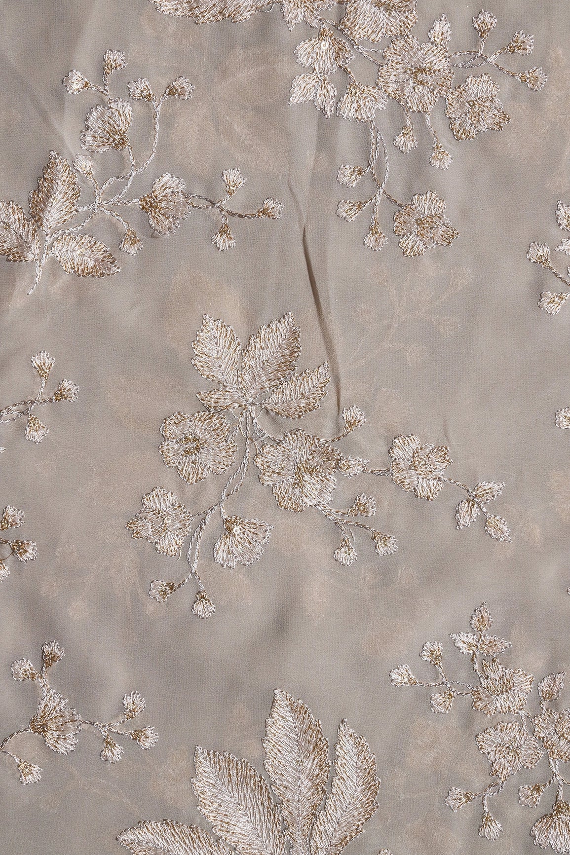 AIzaSyBcstauz-XMPRhEY21AUzeo032pxrXB5Ug - Gold Sequins With Cream Thread Floral Embroidery Work On Grey Georgette Fabric