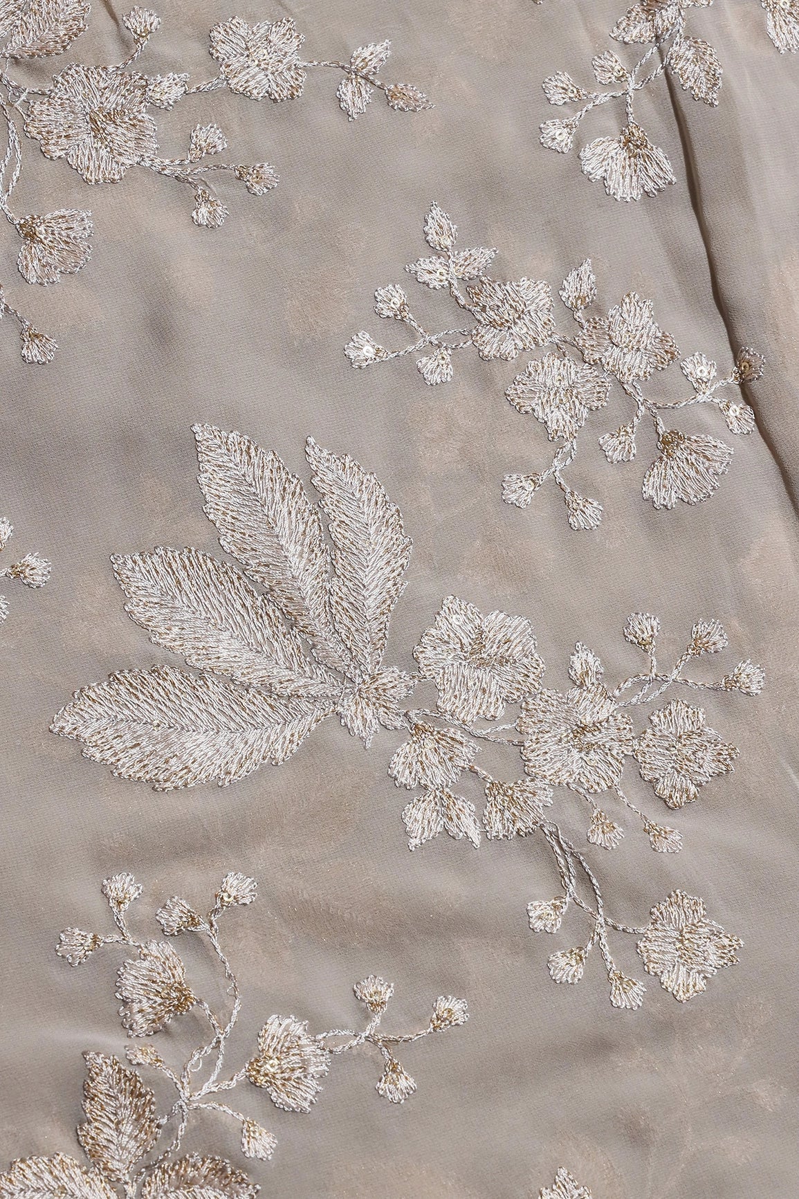 AIzaSyBcstauz-XMPRhEY21AUzeo032pxrXB5Ug - Gold Sequins With Cream Thread Floral Embroidery Work On Grey Georgette Fabric