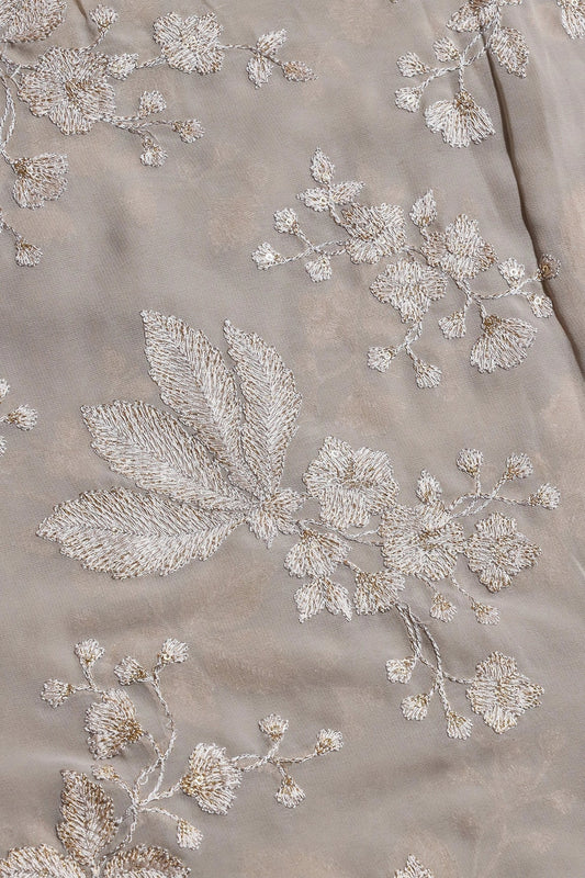 AIzaSyBcstauz-XMPRhEY21AUzeo032pxrXB5Ug - Gold Sequins With Cream Thread Floral Embroidery Work On Grey Georgette Fabric