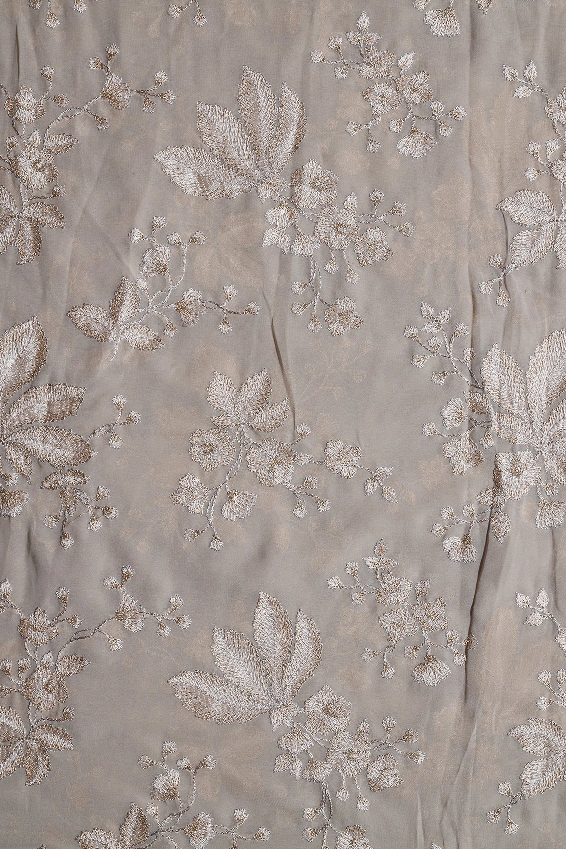 AIzaSyBcstauz-XMPRhEY21AUzeo032pxrXB5Ug - Gold Sequins With Cream Thread Floral Embroidery Work On Grey Georgette Fabric