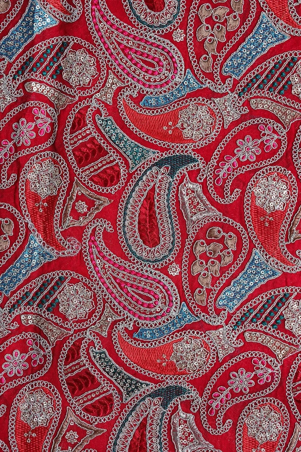 AIzaSyBcstauz-XMPRhEY21AUzeo032pxrXB5Ug - Gold Sequins With Gold Zari Beautiful Paisley Embroidery On Red Viscose Georgette Fabric