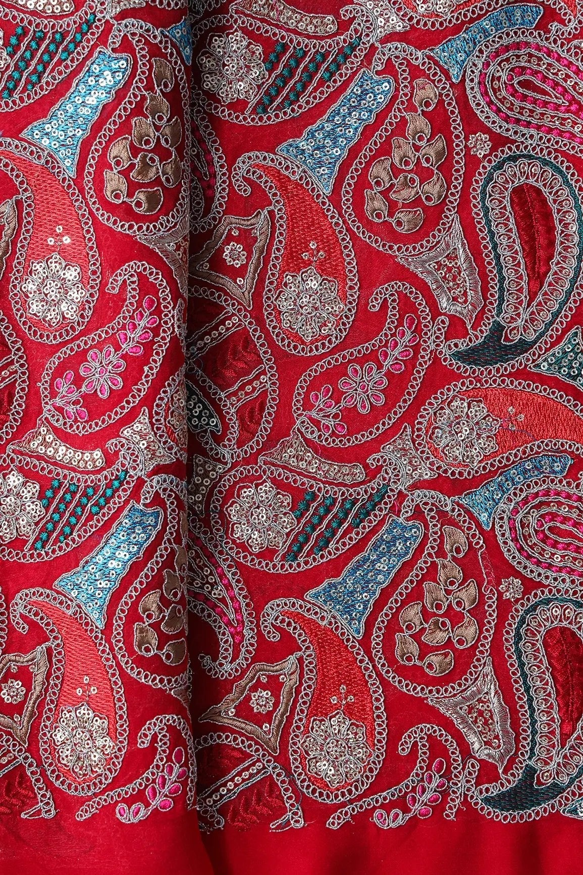 AIzaSyBcstauz-XMPRhEY21AUzeo032pxrXB5Ug - Gold Sequins With Gold Zari Beautiful Paisley Embroidery On Red Viscose Georgette Fabric