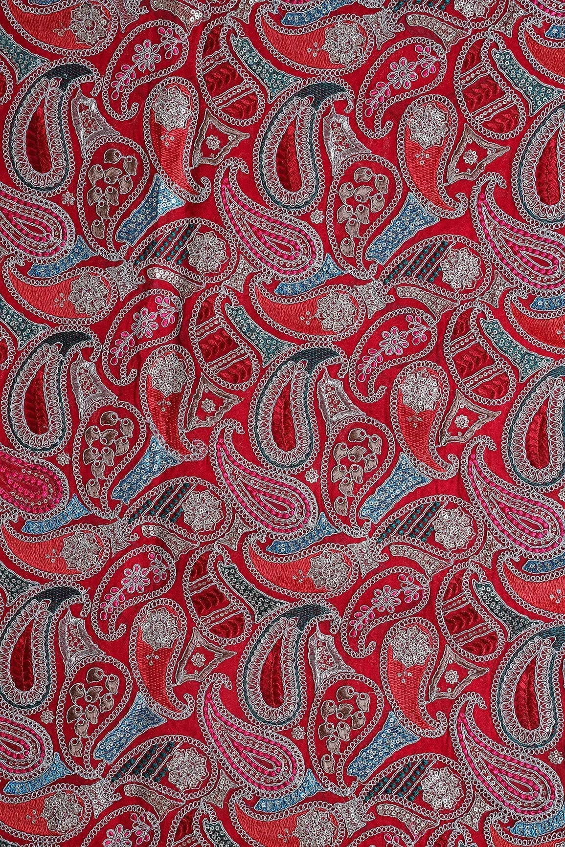 AIzaSyBcstauz-XMPRhEY21AUzeo032pxrXB5Ug - Gold Sequins With Gold Zari Beautiful Paisley Embroidery On Red Viscose Georgette Fabric