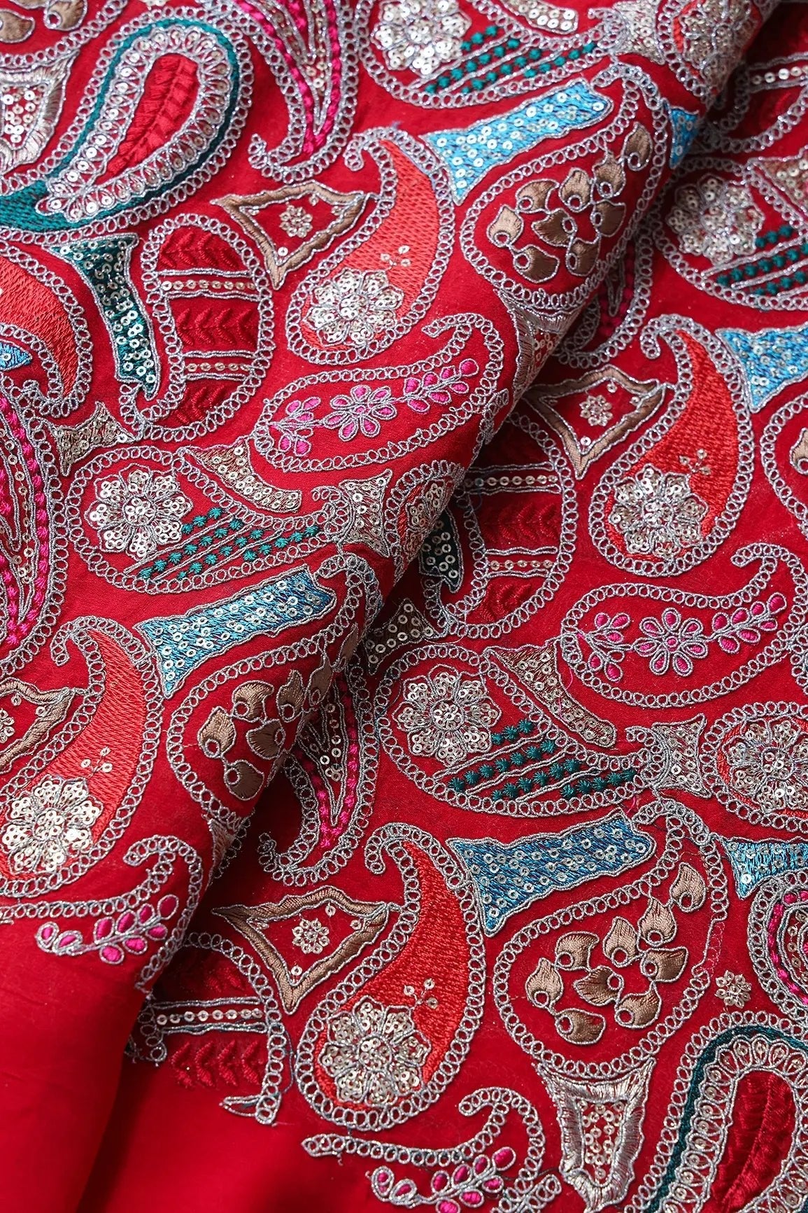 AIzaSyBcstauz-XMPRhEY21AUzeo032pxrXB5Ug - Gold Sequins With Gold Zari Beautiful Paisley Embroidery On Red Viscose Georgette Fabric