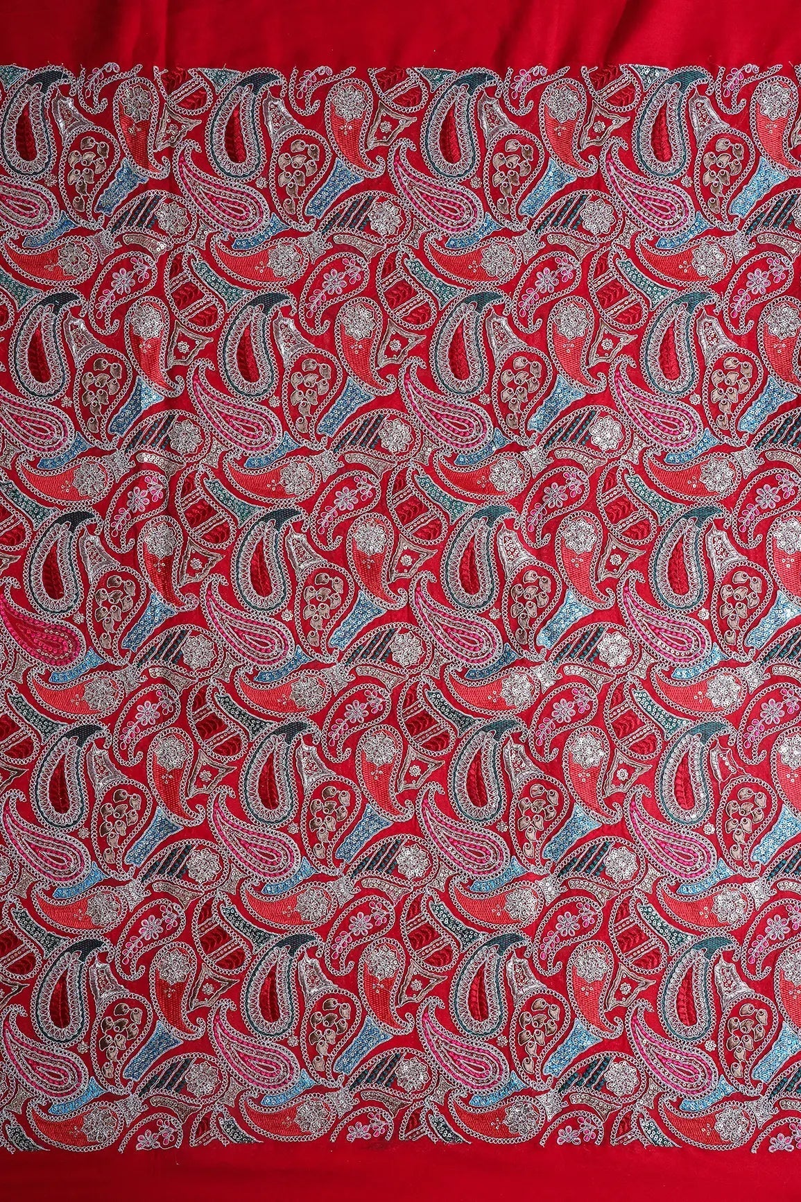 AIzaSyBcstauz-XMPRhEY21AUzeo032pxrXB5Ug - Gold Sequins With Gold Zari Beautiful Paisley Embroidery On Red Viscose Georgette Fabric