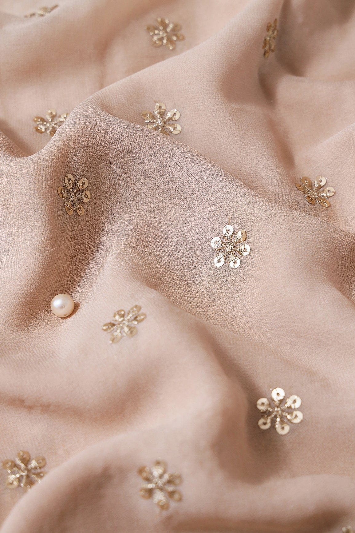 AIzaSyBcstauz-XMPRhEY21AUzeo032pxrXB5Ug - Gold Sequins With Gold Zari Beautiful Small Motif Embroidery On Beige Viscose Georgette Fabric