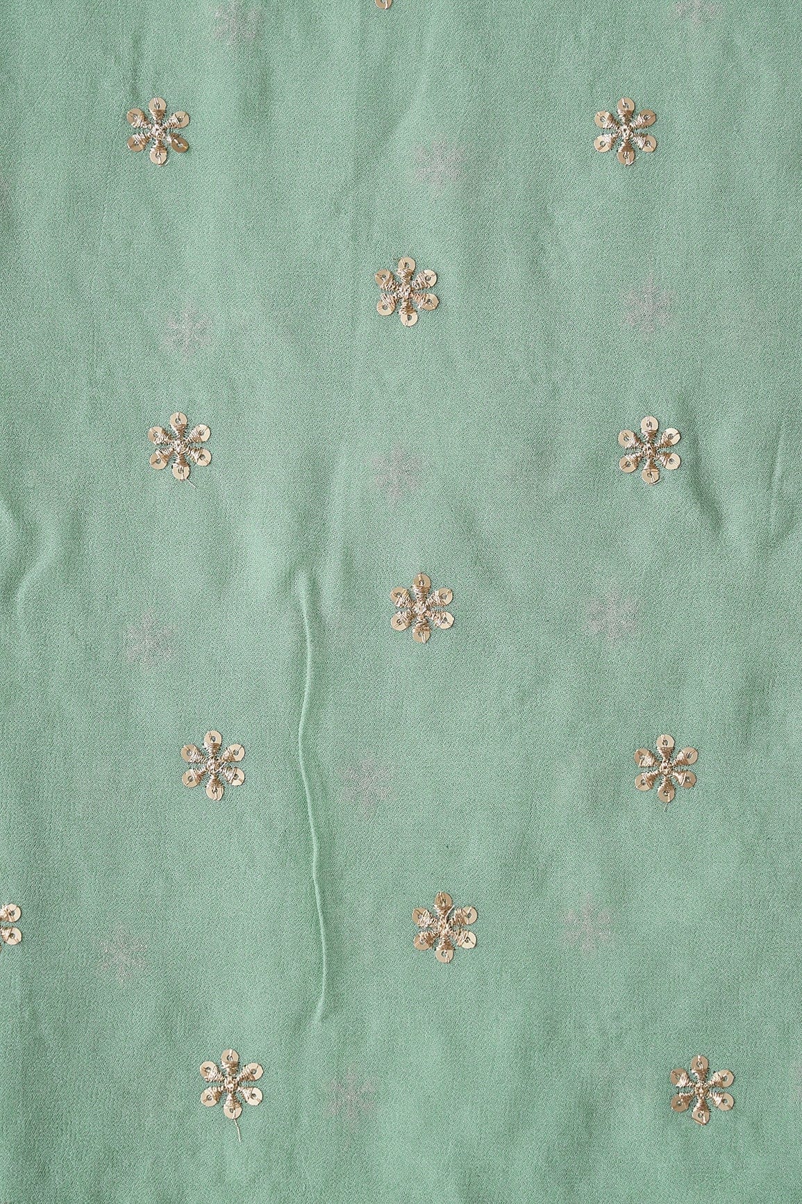 AIzaSyBcstauz-XMPRhEY21AUzeo032pxrXB5Ug - Gold Sequins With Gold Zari Beautiful Small Motif Embroidery On Olive Viscose Georgette Fabric