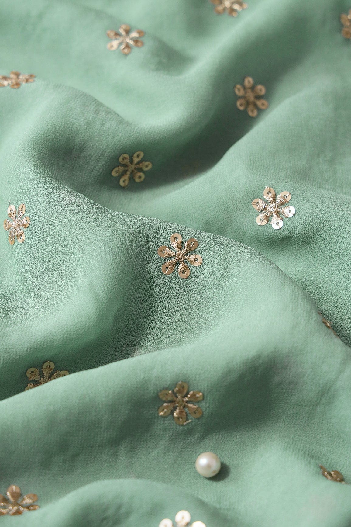 AIzaSyBcstauz-XMPRhEY21AUzeo032pxrXB5Ug - Gold Sequins With Gold Zari Beautiful Small Motif Embroidery On Olive Viscose Georgette Fabric