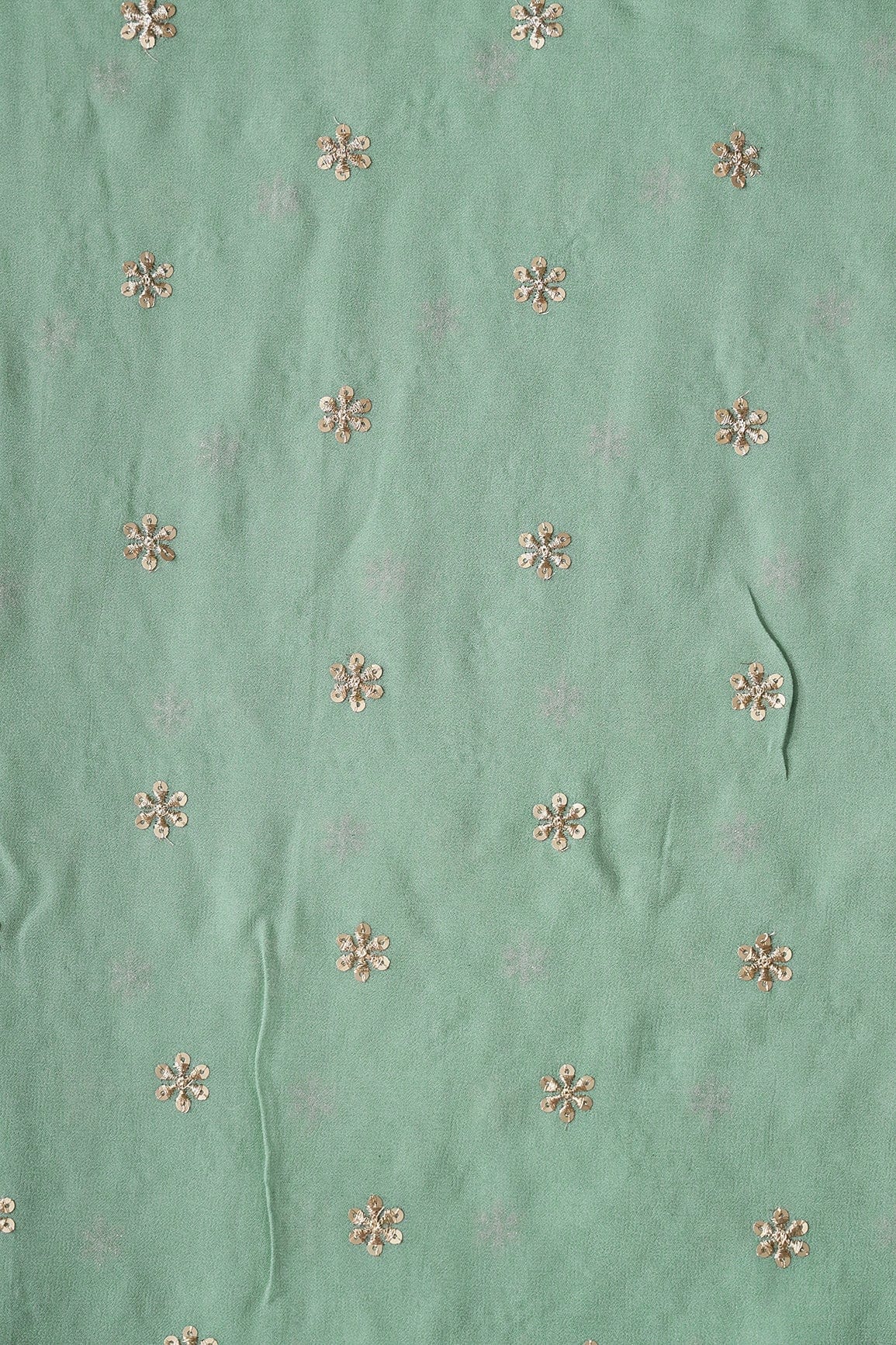 AIzaSyBcstauz-XMPRhEY21AUzeo032pxrXB5Ug - Gold Sequins With Gold Zari Beautiful Small Motif Embroidery On Olive Viscose Georgette Fabric