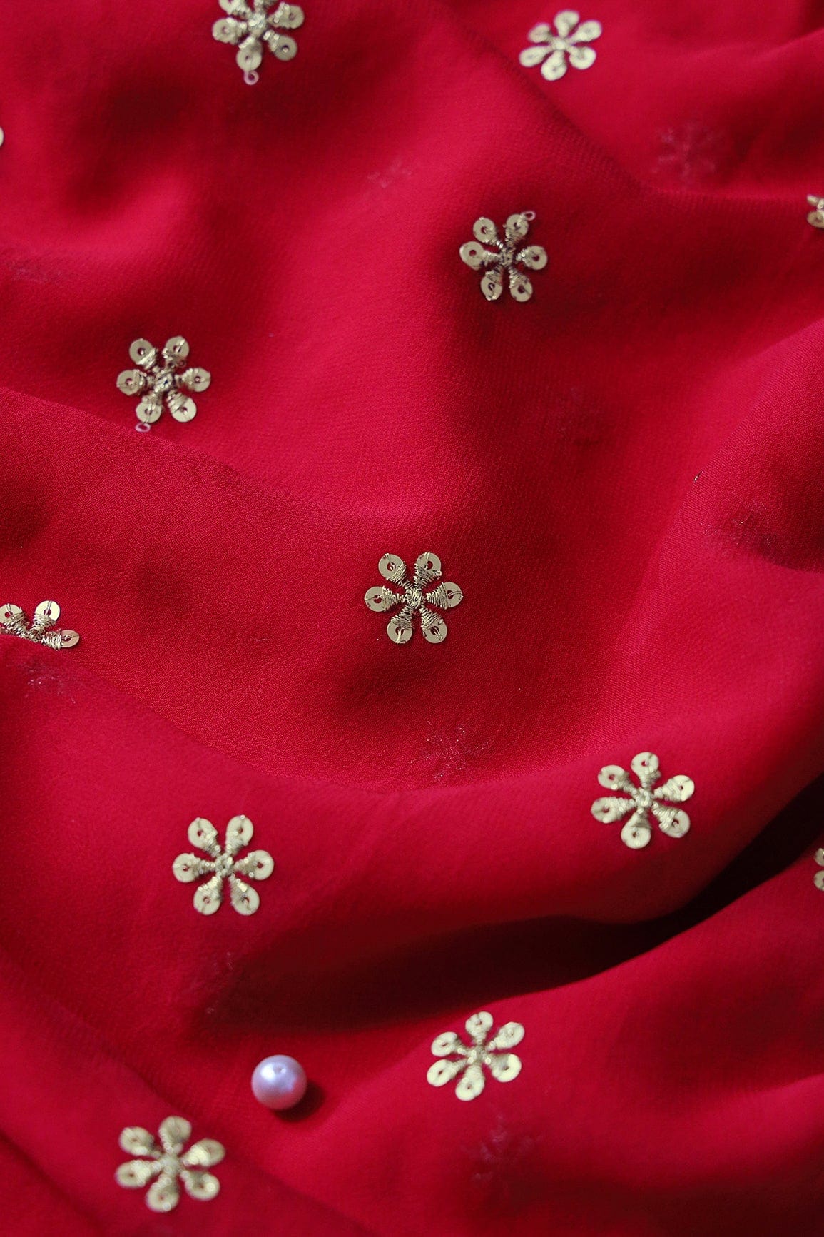 AIzaSyBcstauz-XMPRhEY21AUzeo032pxrXB5Ug - Gold Sequins With Gold Zari Beautiful Small Motif Embroidery On Red Viscose Georgette Fabric