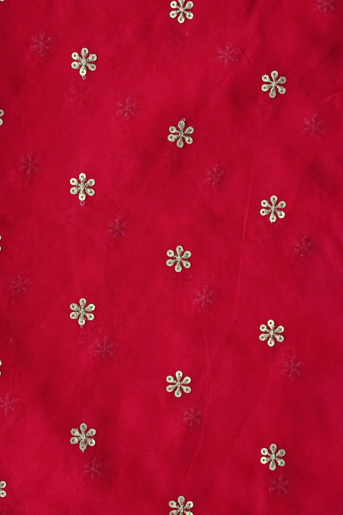 AIzaSyBcstauz-XMPRhEY21AUzeo032pxrXB5Ug - Gold Sequins With Gold Zari Beautiful Small Motif Embroidery On Red Viscose Georgette Fabric