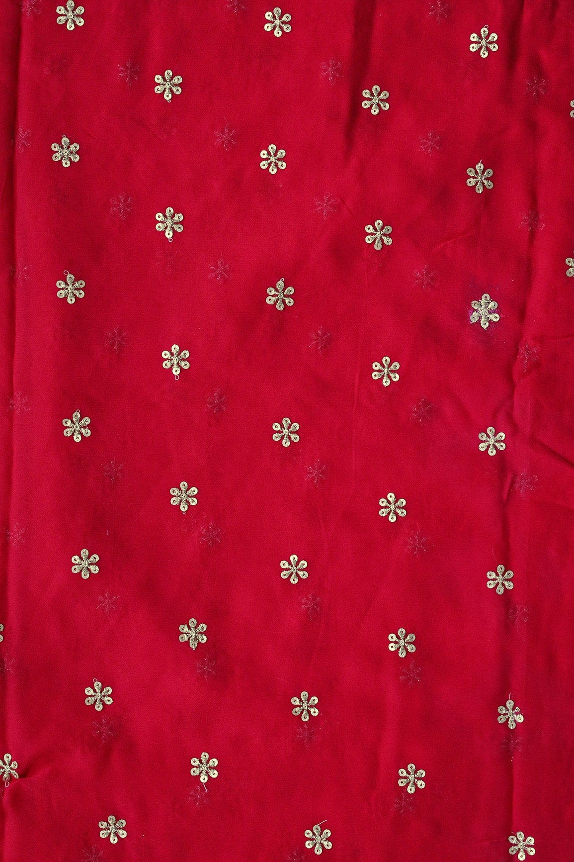 AIzaSyBcstauz-XMPRhEY21AUzeo032pxrXB5Ug - Gold Sequins With Gold Zari Beautiful Small Motif Embroidery On Red Viscose Georgette Fabric