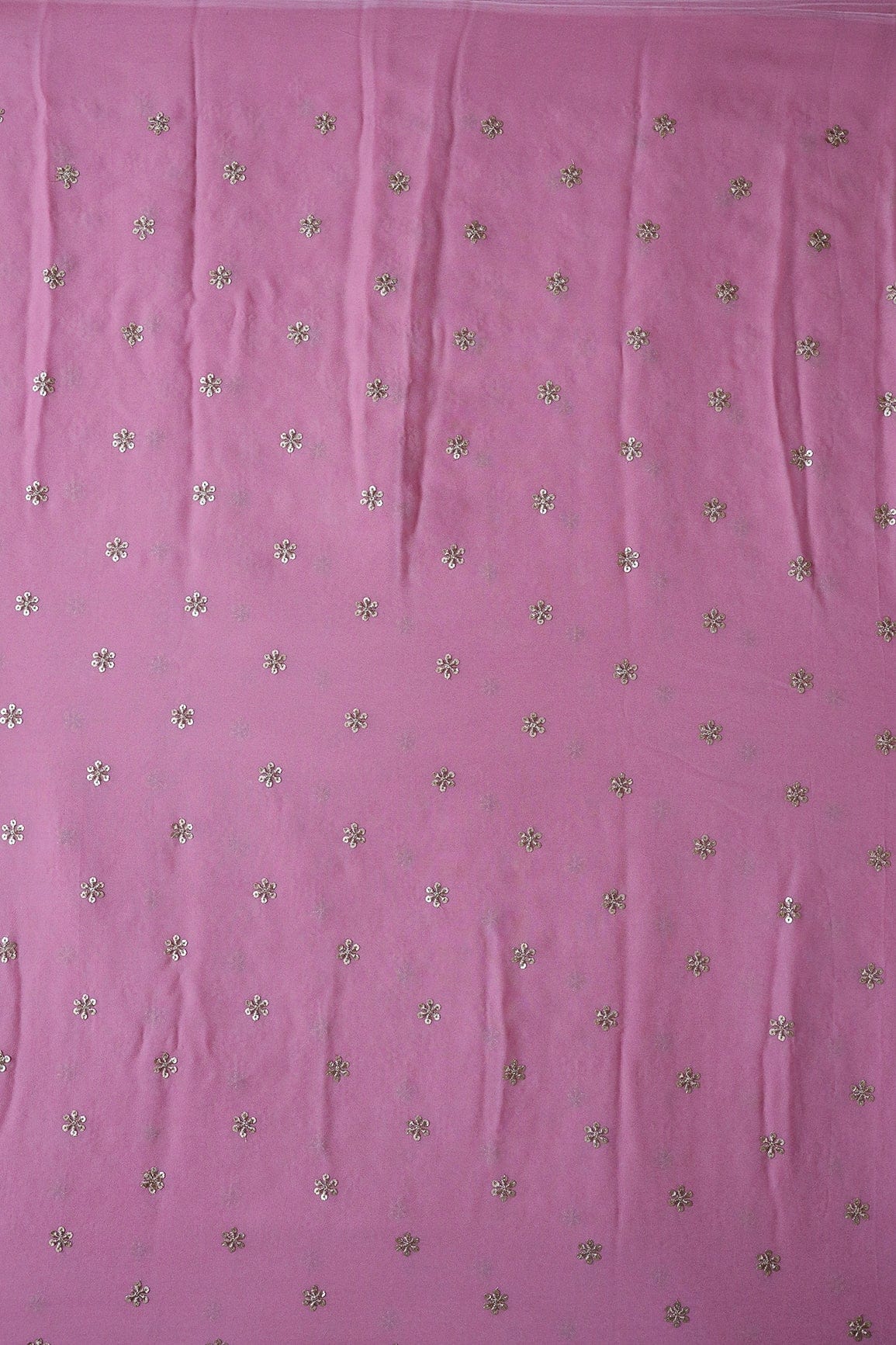 AIzaSyBcstauz-XMPRhEY21AUzeo032pxrXB5Ug - Gold Sequins With Gold Zari Beautiful Small Motif Embroidery On Thulian Pink Viscose Georgette Fabric