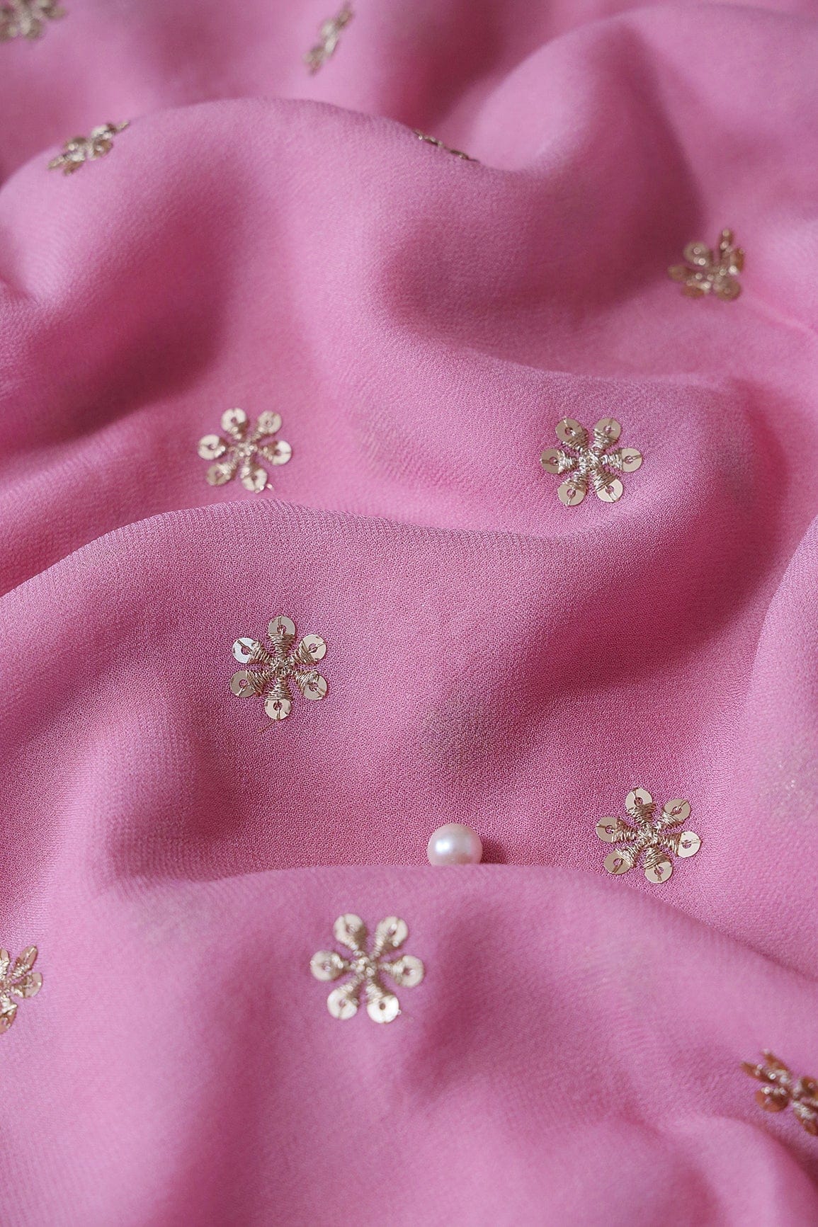 AIzaSyBcstauz-XMPRhEY21AUzeo032pxrXB5Ug - Gold Sequins With Gold Zari Beautiful Small Motif Embroidery On Thulian Pink Viscose Georgette Fabric