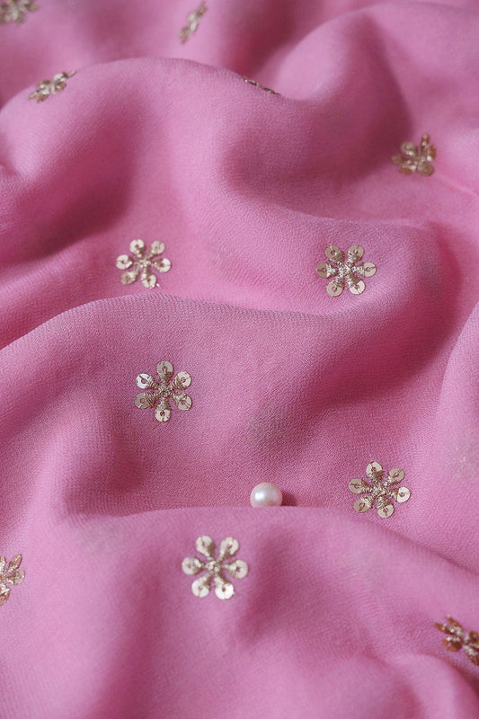 AIzaSyBcstauz-XMPRhEY21AUzeo032pxrXB5Ug - Gold Sequins With Gold Zari Beautiful Small Motif Embroidery On Thulian Pink Viscose Georgette Fabric
