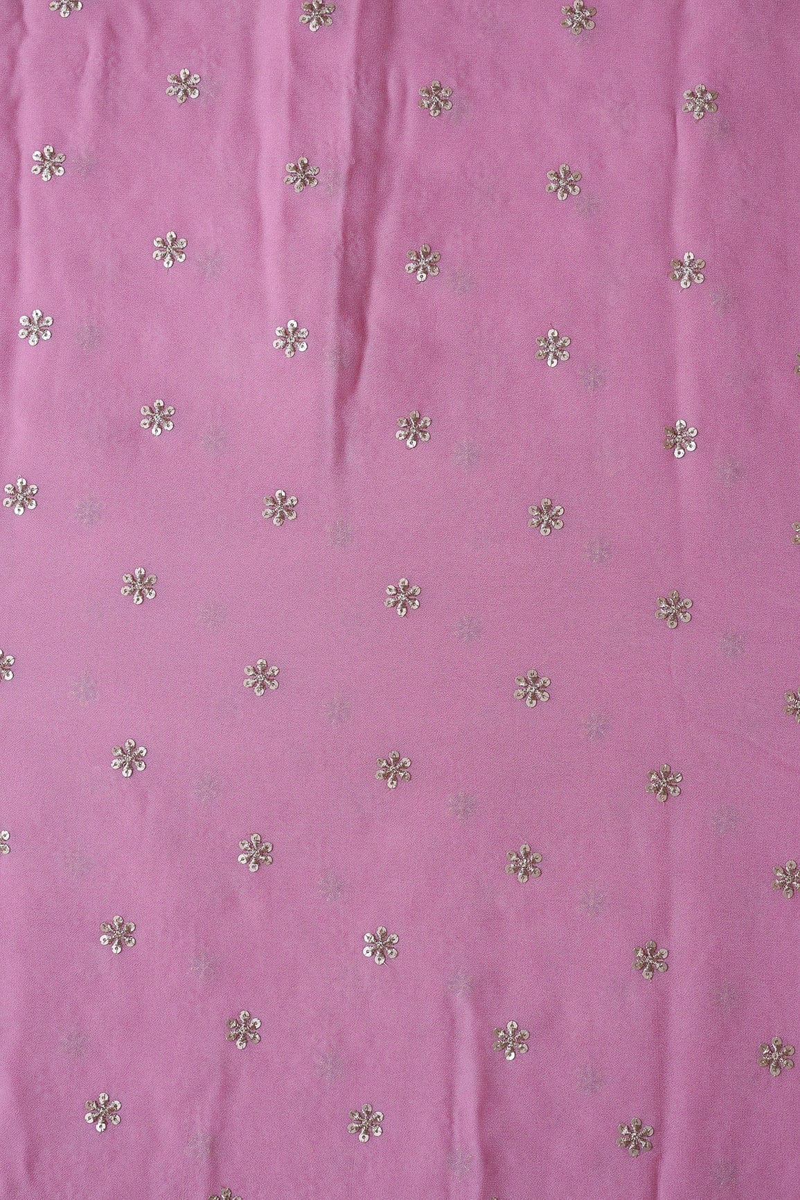 AIzaSyBcstauz-XMPRhEY21AUzeo032pxrXB5Ug - Gold Sequins With Gold Zari Beautiful Small Motif Embroidery On Thulian Pink Viscose Georgette Fabric
