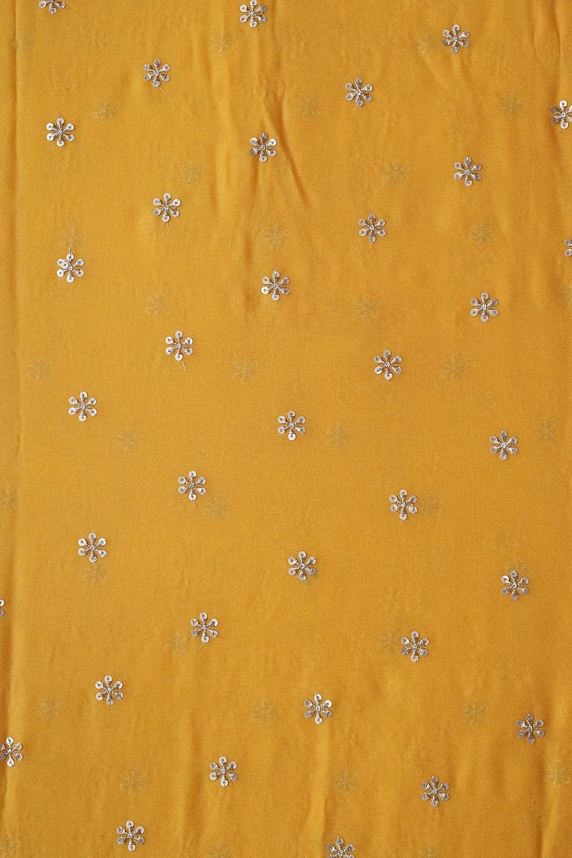 AIzaSyBcstauz-XMPRhEY21AUzeo032pxrXB5Ug - Gold Sequins With Gold Zari Beautiful Small Motif Embroidery On Yellow Viscose Georgette Fabric