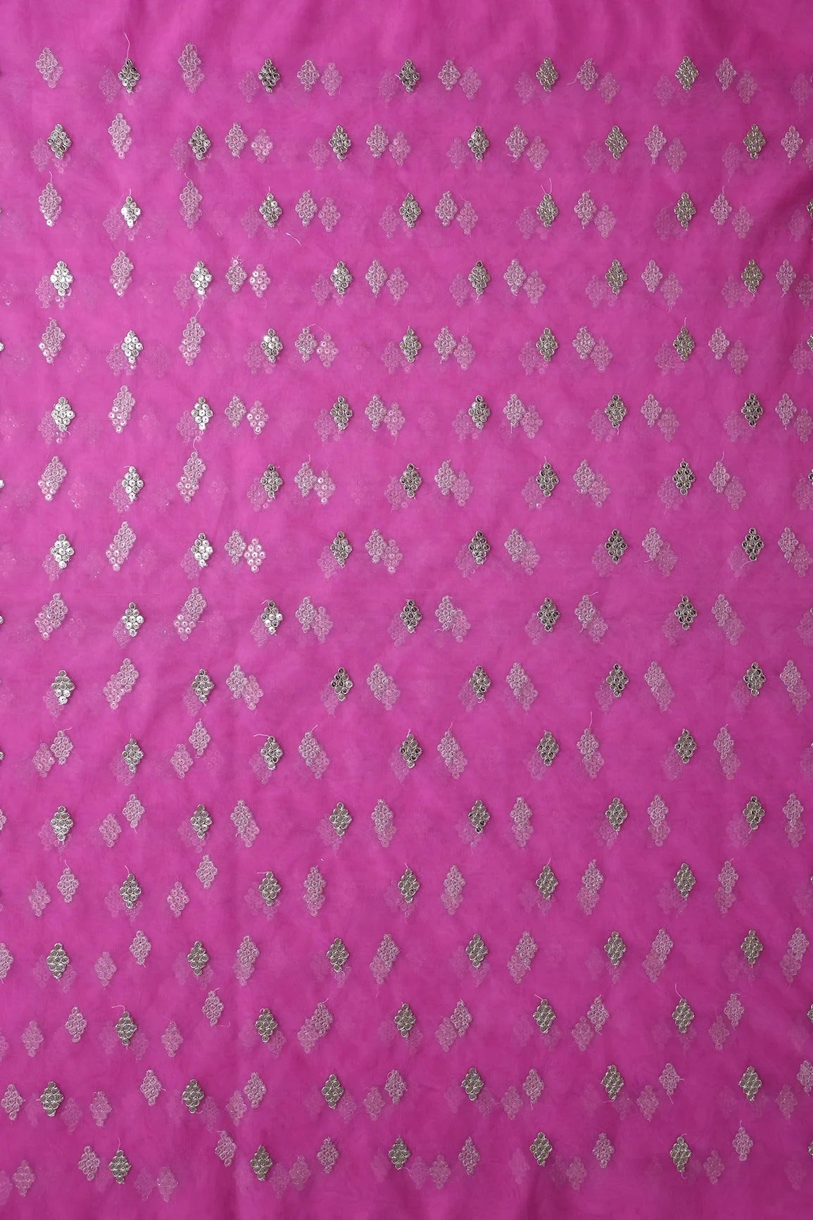 AIzaSyBcstauz-XMPRhEY21AUzeo032pxrXB5Ug - Gold Sequins With Gold Zari Geometric Embroidery On Fuchsia Soft Net Fabric