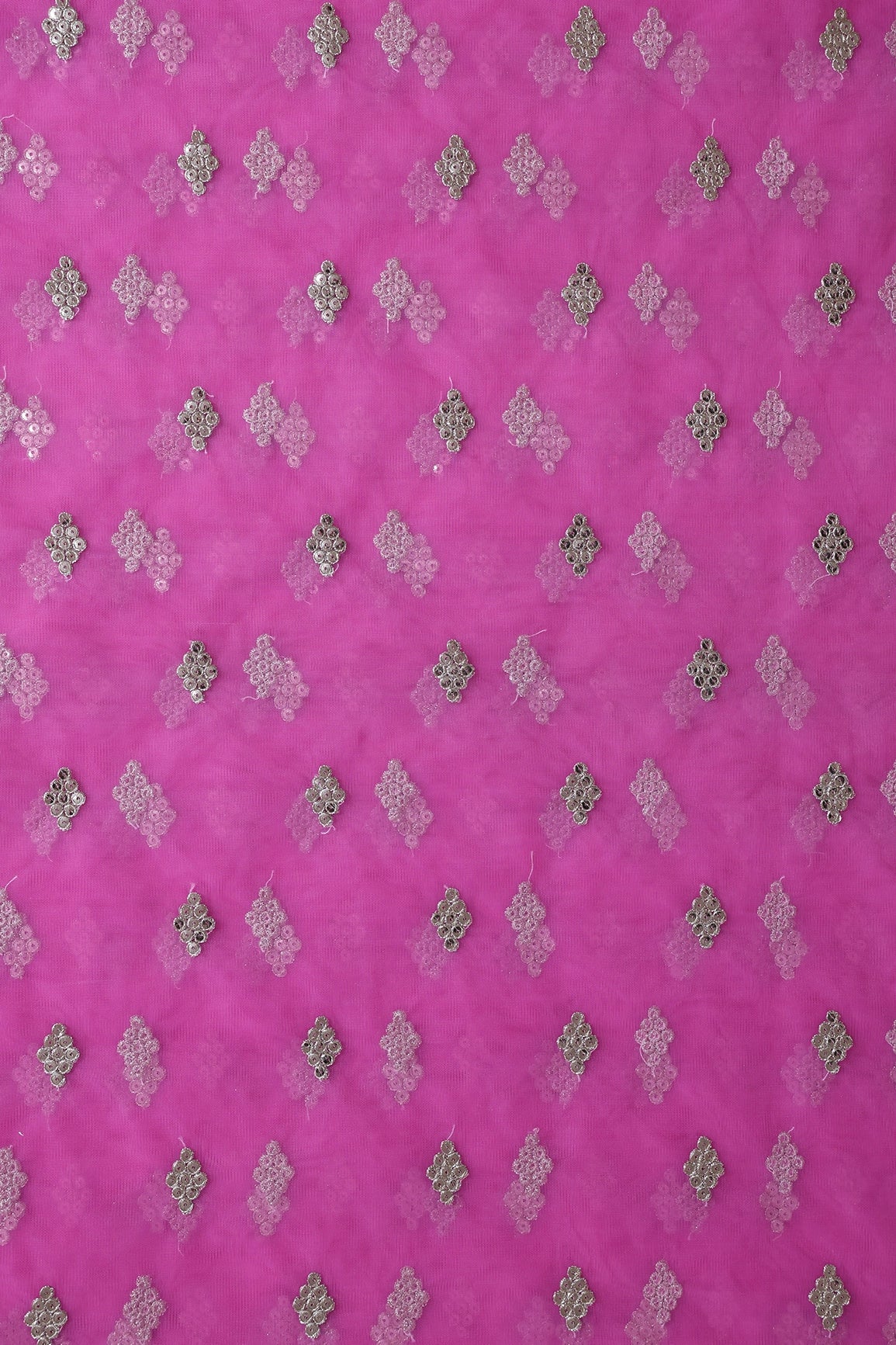 AIzaSyBcstauz-XMPRhEY21AUzeo032pxrXB5Ug - Gold Sequins With Gold Zari Geometric Embroidery On Fuchsia Soft Net Fabric