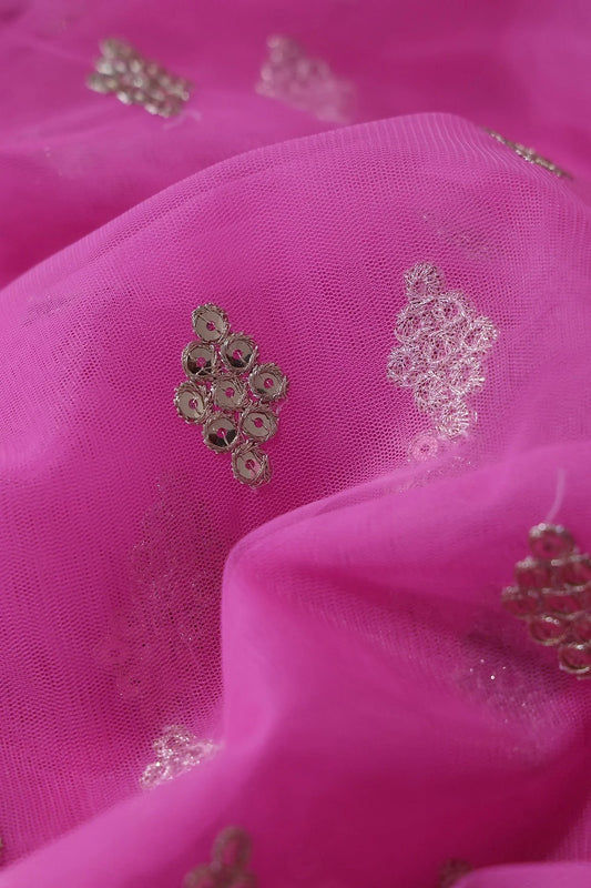 AIzaSyBcstauz-XMPRhEY21AUzeo032pxrXB5Ug - Gold Sequins With Gold Zari Geometric Embroidery On Fuchsia Soft Net Fabric