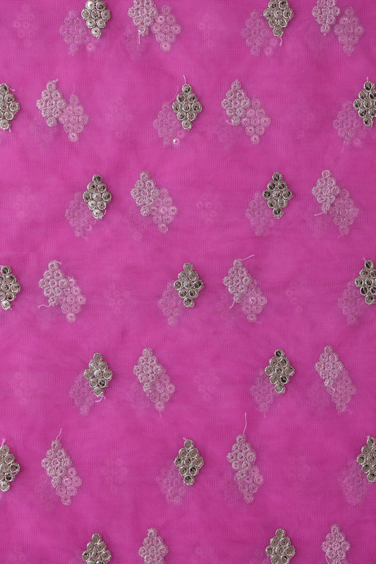 AIzaSyBcstauz-XMPRhEY21AUzeo032pxrXB5Ug - Gold Sequins With Gold Zari Geometric Embroidery On Fuchsia Soft Net Fabric