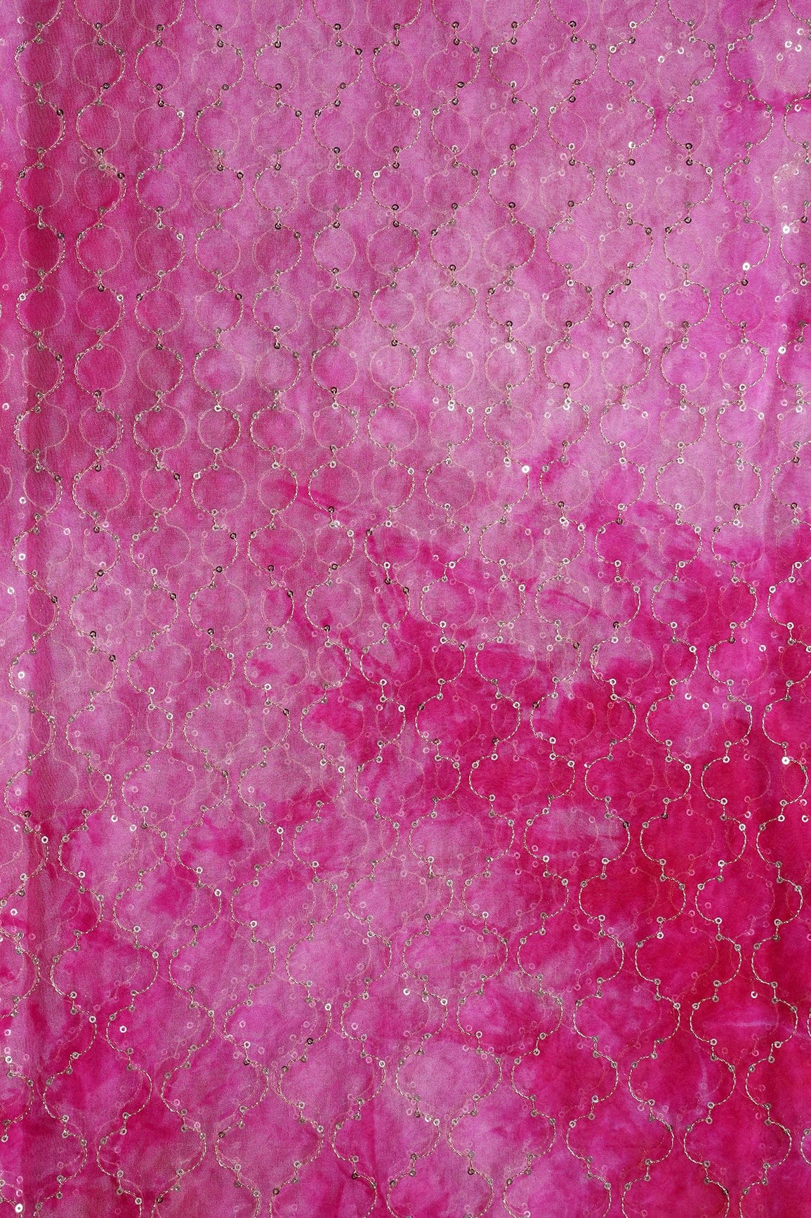 AIzaSyBcstauz-XMPRhEY21AUzeo032pxrXB5Ug - Gold Sequins With Gold Zari Ogee Embroidery Work On Tie & Dye Fuchsia Organza Fabric