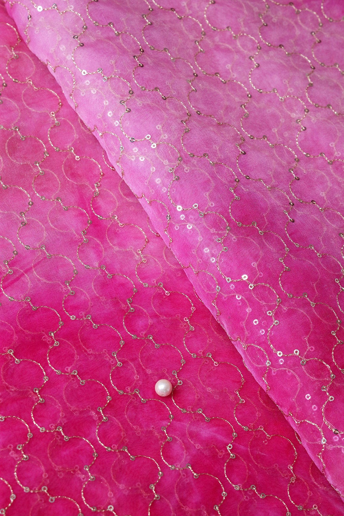 AIzaSyBcstauz-XMPRhEY21AUzeo032pxrXB5Ug - Gold Sequins With Gold Zari Ogee Embroidery Work On Tie & Dye Fuchsia Organza Fabric