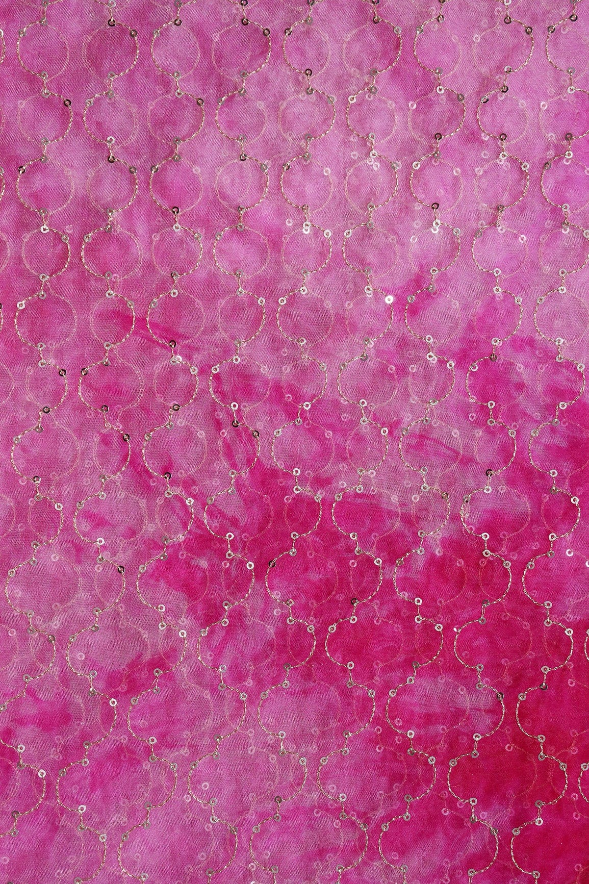 AIzaSyBcstauz-XMPRhEY21AUzeo032pxrXB5Ug - Gold Sequins With Gold Zari Ogee Embroidery Work On Tie & Dye Fuchsia Organza Fabric