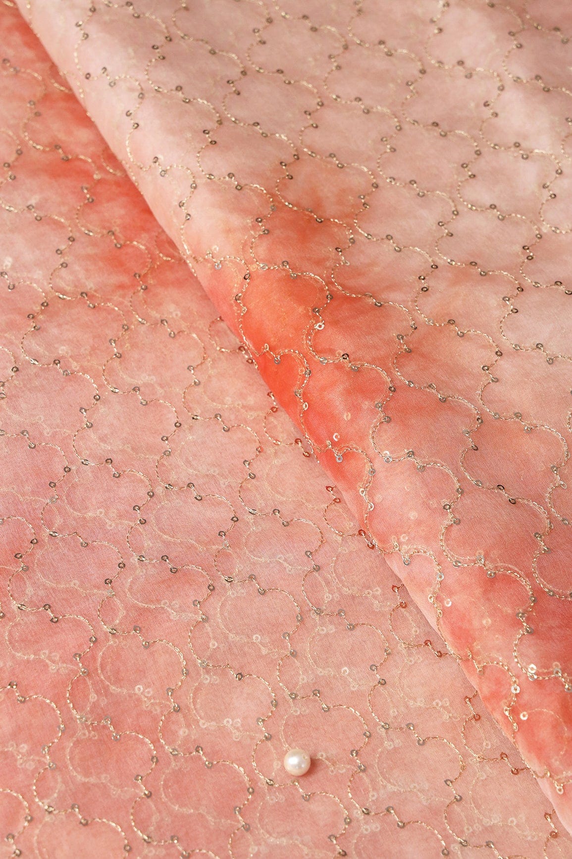 AIzaSyBcstauz-XMPRhEY21AUzeo032pxrXB5Ug - Gold Sequins With Gold Zari Ogee Embroidery Work On Tie & Dye Orange Organza Fabric