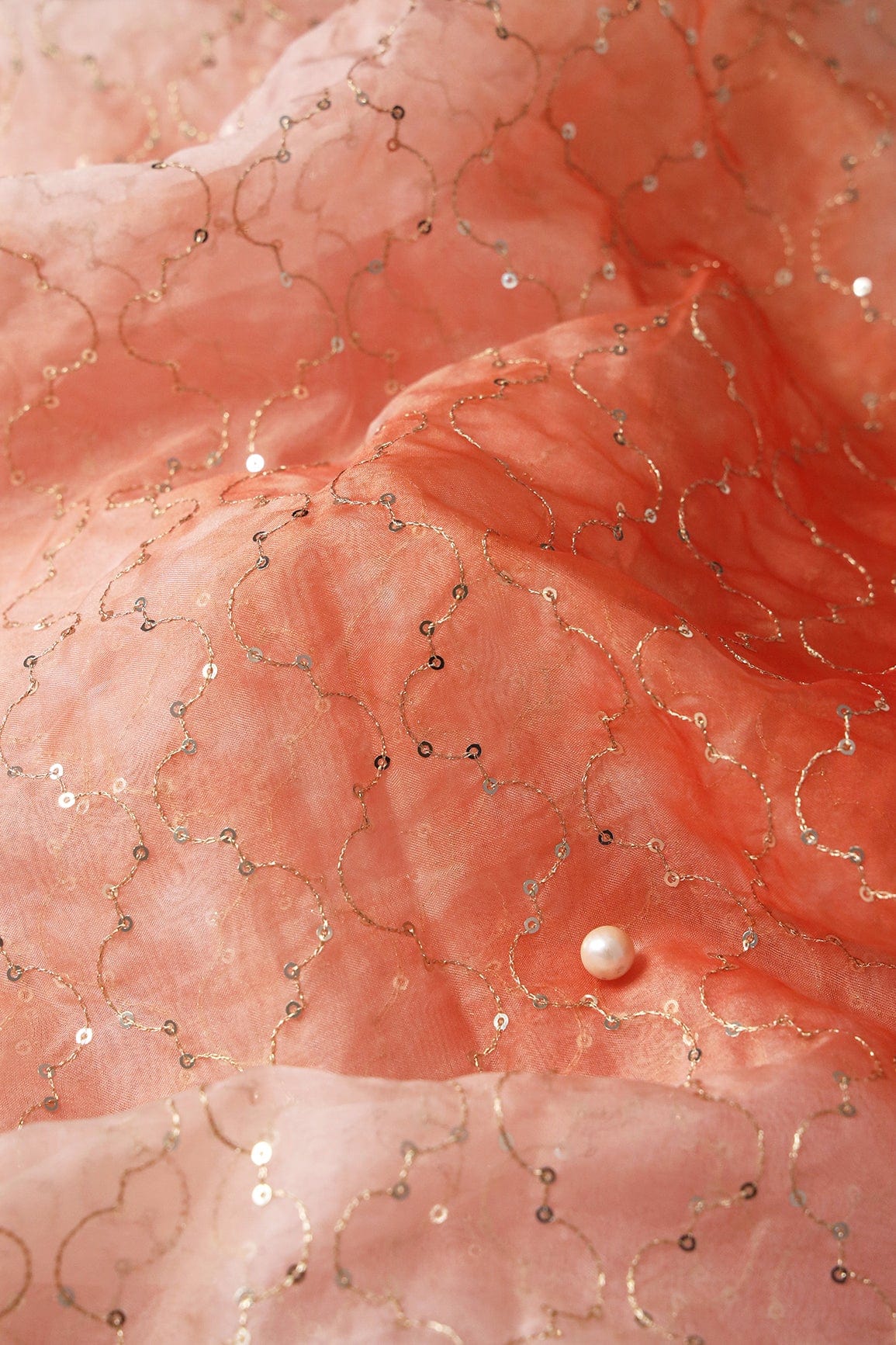 AIzaSyBcstauz-XMPRhEY21AUzeo032pxrXB5Ug - Gold Sequins With Gold Zari Ogee Embroidery Work On Tie & Dye Orange Organza Fabric