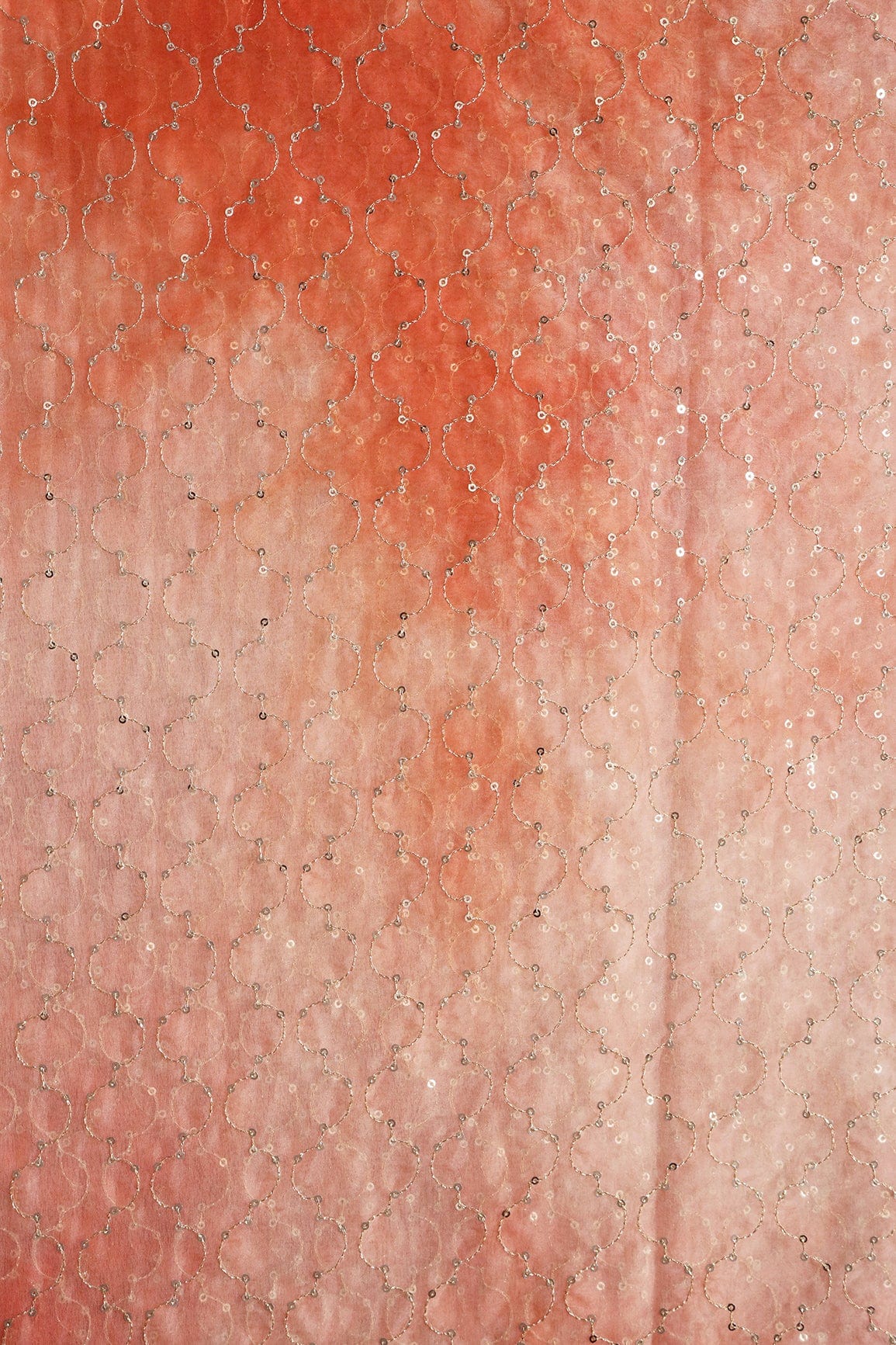 AIzaSyBcstauz-XMPRhEY21AUzeo032pxrXB5Ug - Gold Sequins With Gold Zari Ogee Embroidery Work On Tie & Dye Orange Organza Fabric