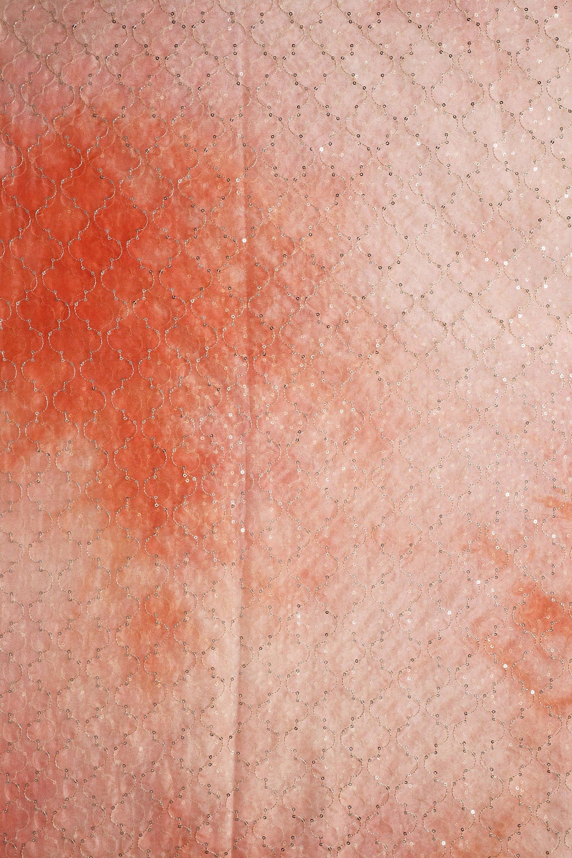 AIzaSyBcstauz-XMPRhEY21AUzeo032pxrXB5Ug - Gold Sequins With Gold Zari Ogee Embroidery Work On Tie & Dye Orange Organza Fabric