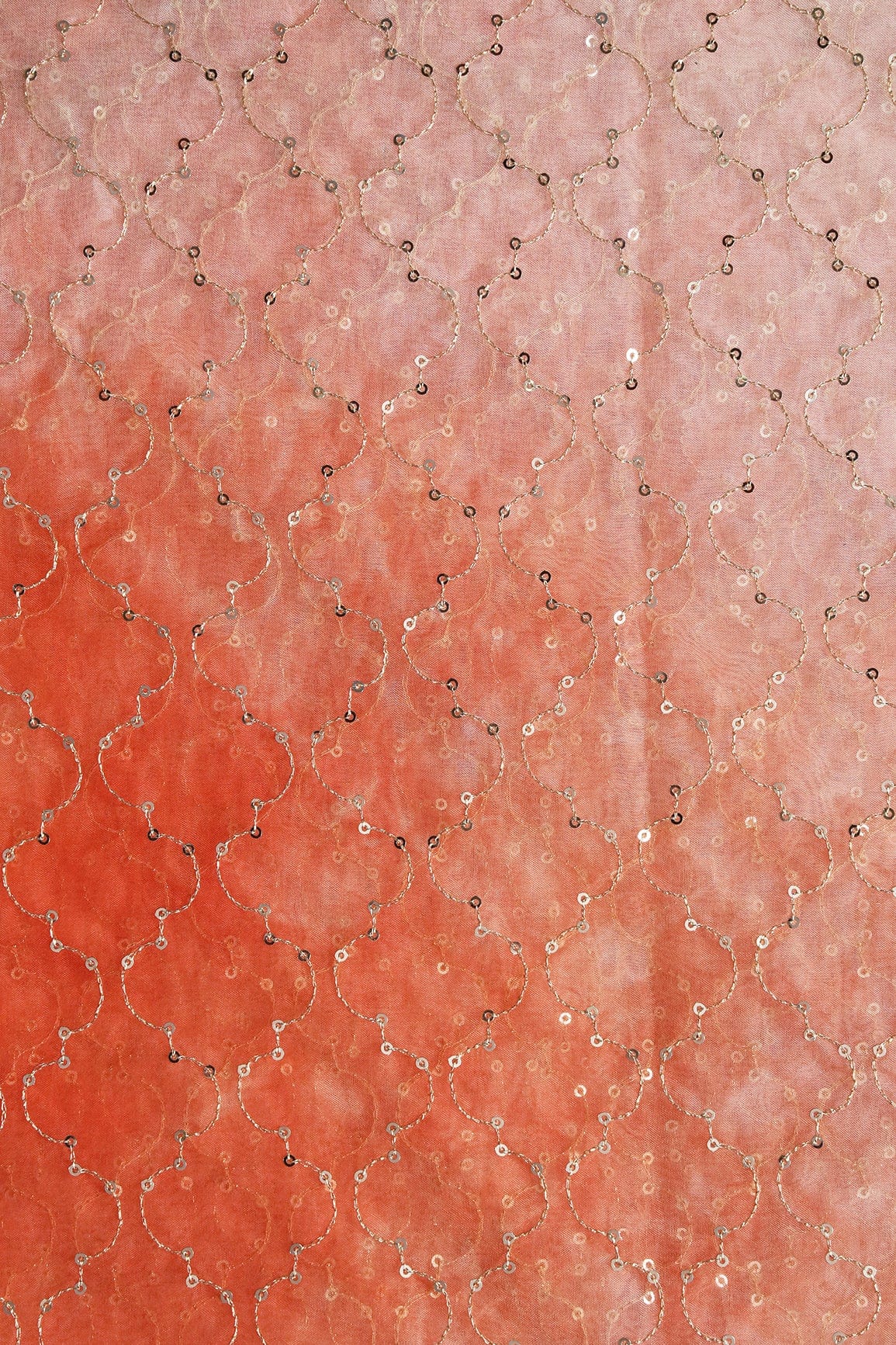AIzaSyBcstauz-XMPRhEY21AUzeo032pxrXB5Ug - Gold Sequins With Gold Zari Ogee Embroidery Work On Tie & Dye Orange Organza Fabric
