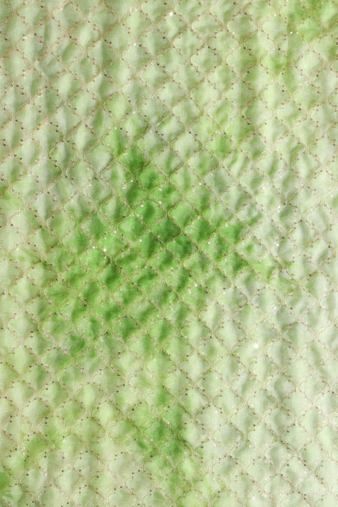 AIzaSyBcstauz-XMPRhEY21AUzeo032pxrXB5Ug - Gold Sequins With Gold Zari Ogee Embroidery Work On Tie & Dye Parrot Green Organza Fabric