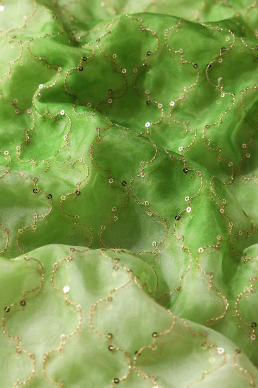 AIzaSyBcstauz-XMPRhEY21AUzeo032pxrXB5Ug - Gold Sequins With Gold Zari Ogee Embroidery Work On Tie & Dye Parrot Green Organza Fabric