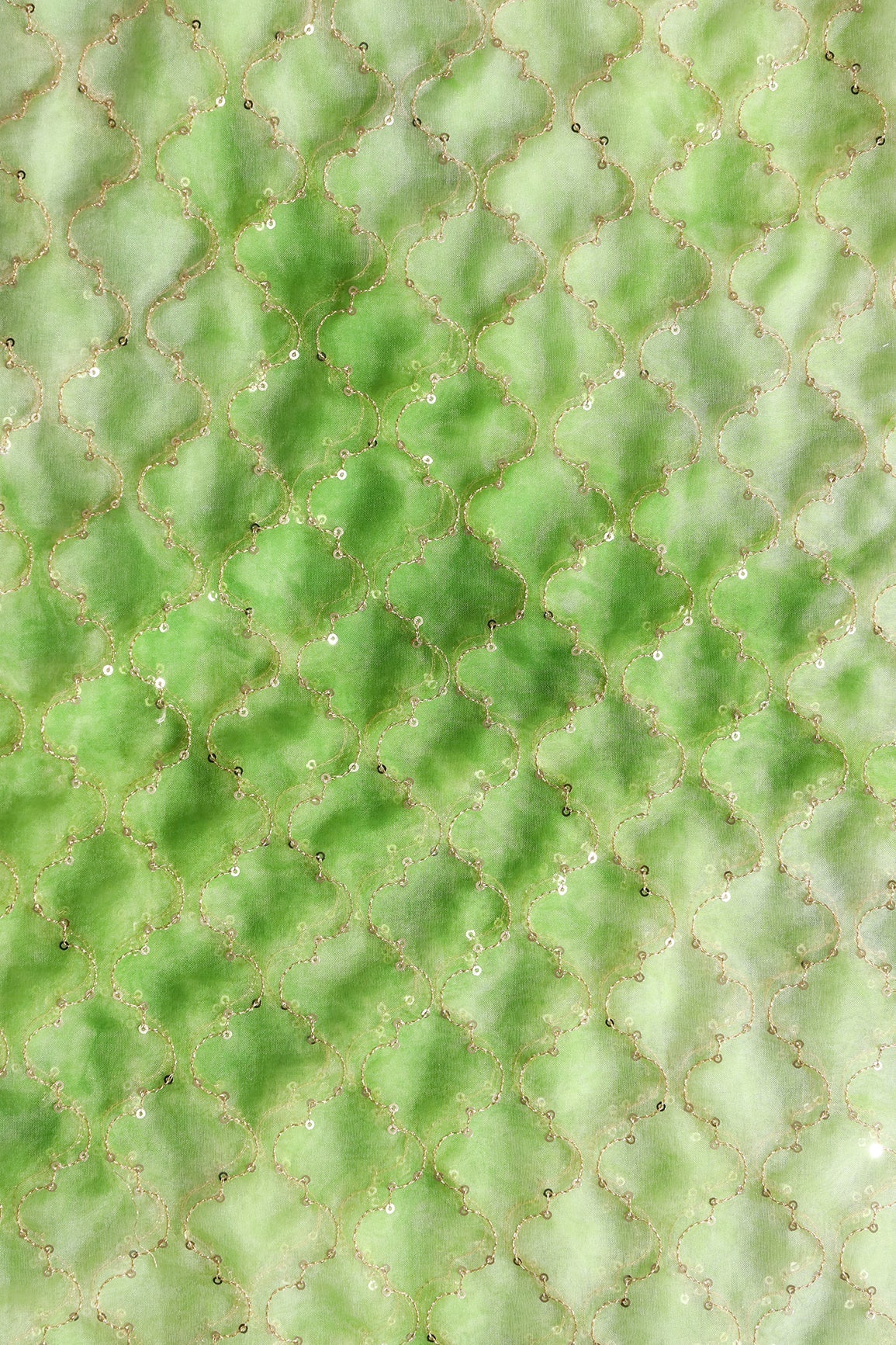 AIzaSyBcstauz-XMPRhEY21AUzeo032pxrXB5Ug - Gold Sequins With Gold Zari Ogee Embroidery Work On Tie & Dye Parrot Green Organza Fabric