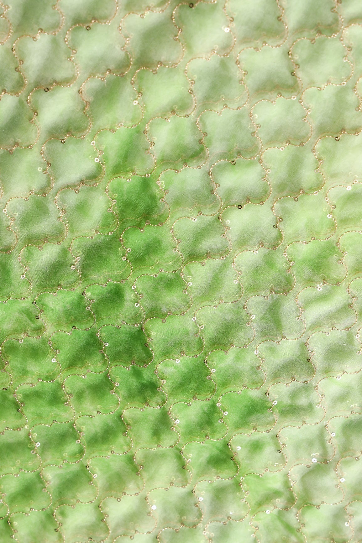 AIzaSyBcstauz-XMPRhEY21AUzeo032pxrXB5Ug - Gold Sequins With Gold Zari Ogee Embroidery Work On Tie & Dye Parrot Green Organza Fabric