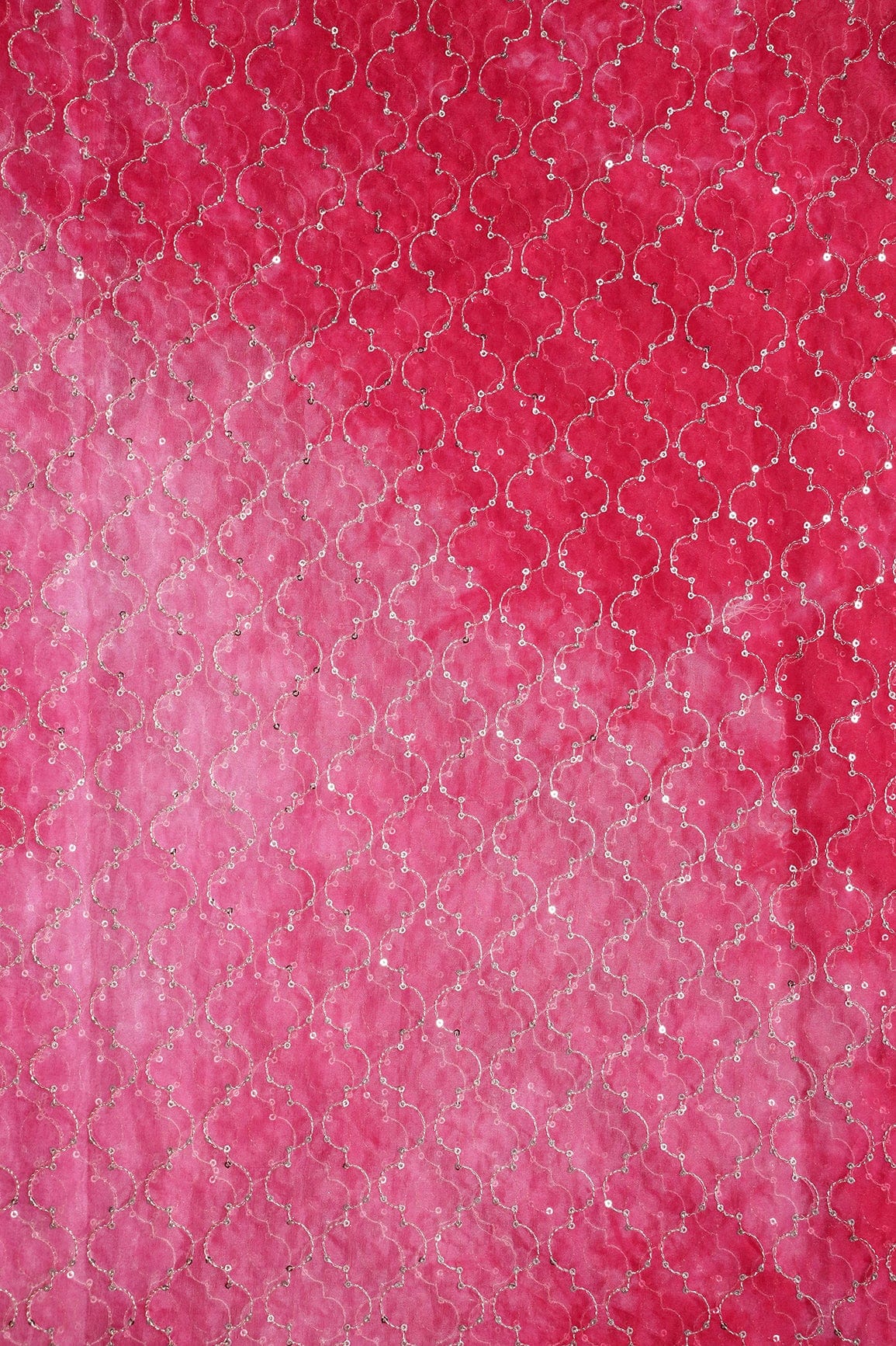 AIzaSyBcstauz-XMPRhEY21AUzeo032pxrXB5Ug - Gold Sequins With Gold Zari Ogee Embroidery Work On Tie & Dye Red Organza Fabric