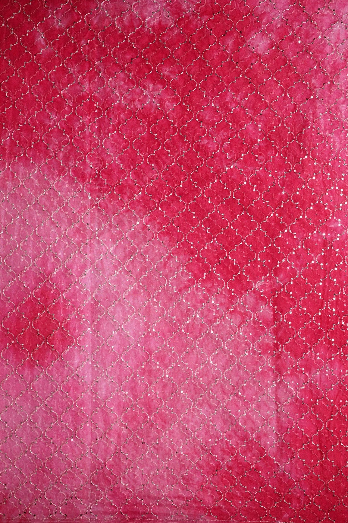 AIzaSyBcstauz-XMPRhEY21AUzeo032pxrXB5Ug - Gold Sequins With Gold Zari Ogee Embroidery Work On Tie & Dye Red Organza Fabric