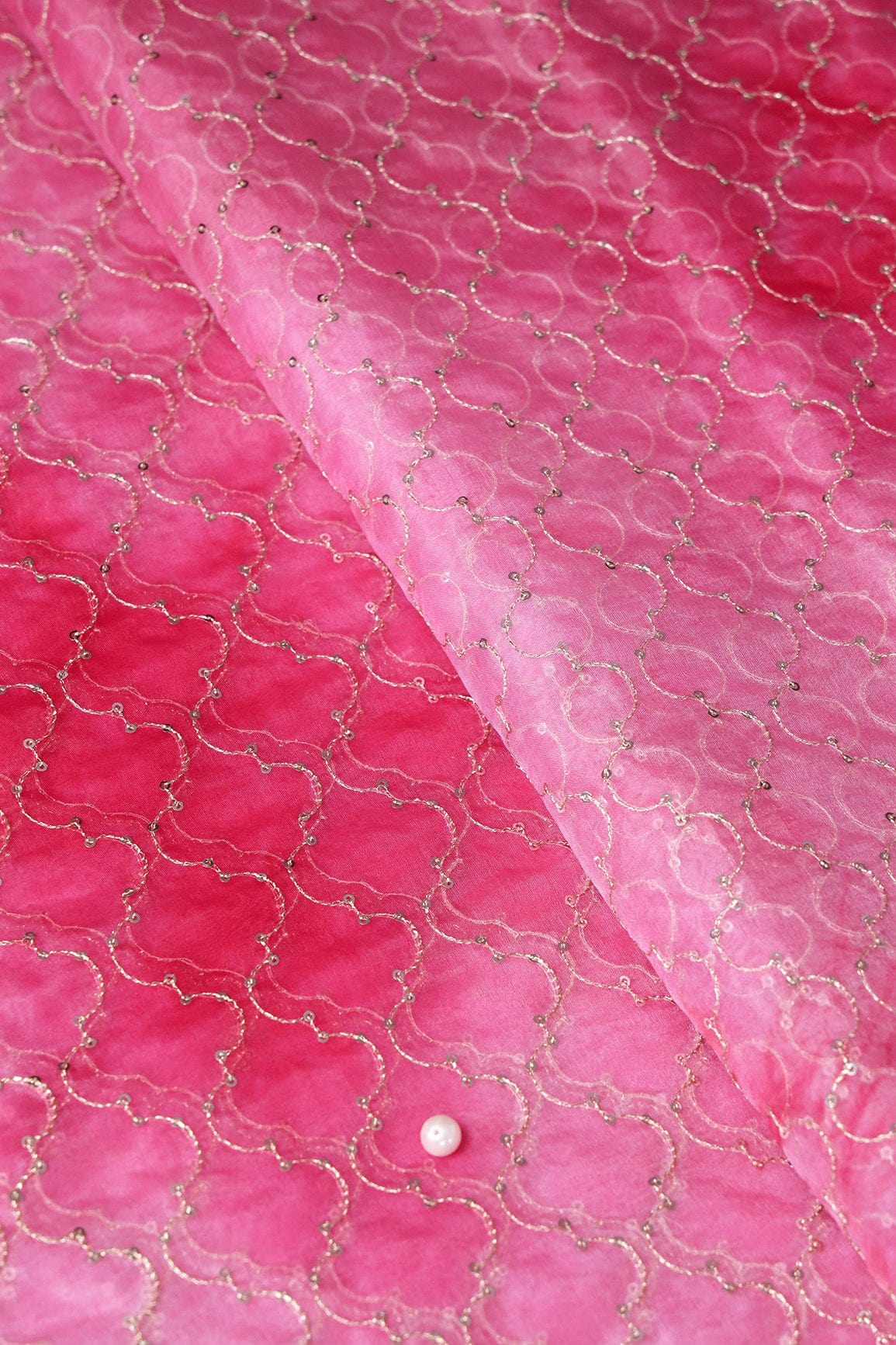 AIzaSyBcstauz-XMPRhEY21AUzeo032pxrXB5Ug - Gold Sequins With Gold Zari Ogee Embroidery Work On Tie & Dye Red Organza Fabric